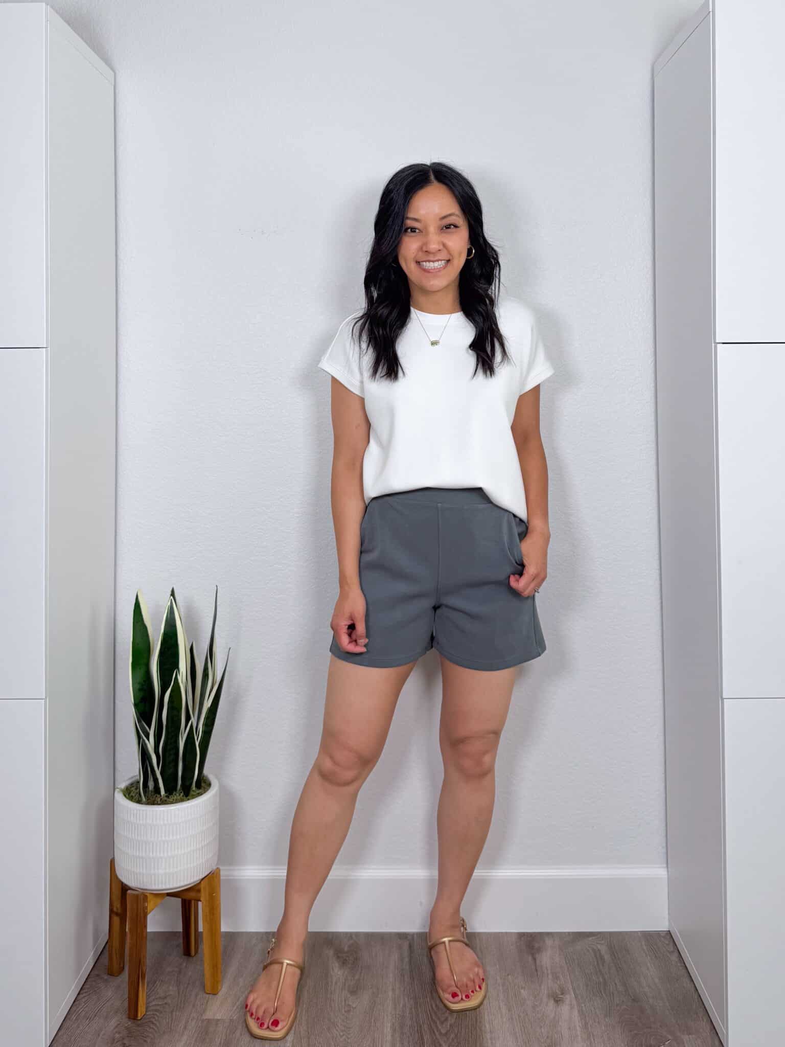 Summer Try-On Haul: Easy Finds from Nordstrom, Amazon, LOFT, and More for Stylish Outfits + summer try-on haul + putting me together + soft gray shorts + easy to wear white t shirt + comfortable gold metallic sandals + gold hoop earrings + everyday gold dakota necklace
