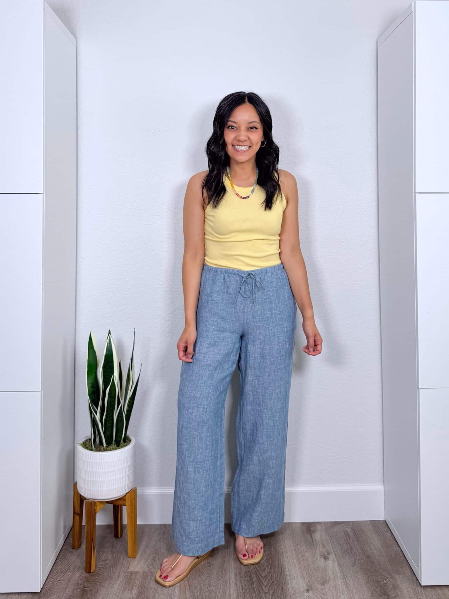 Summer Try-On Haul: Easy Finds from Nordstrom, Amazon, LOFT, and More for Stylish Outfits + summer try-on haul + putting me together + yellow ribbed tank top + lightweight chambray pants + colorful beaded necklace + comfortable gold metallic sandals