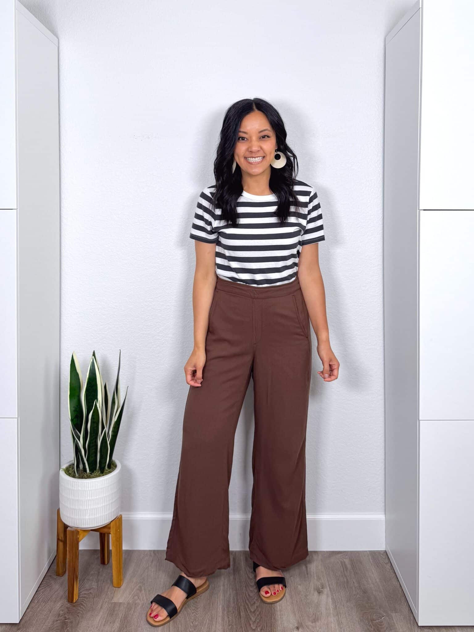 easy casual summer outfits + Three Casual Summer Outfits for 2026 to Copy Right Now From the NEW Summer Wardrobe & Outfit Guide + putting me together + versatile black and white striped t shirt + lightweight brown summer pants + black sandals