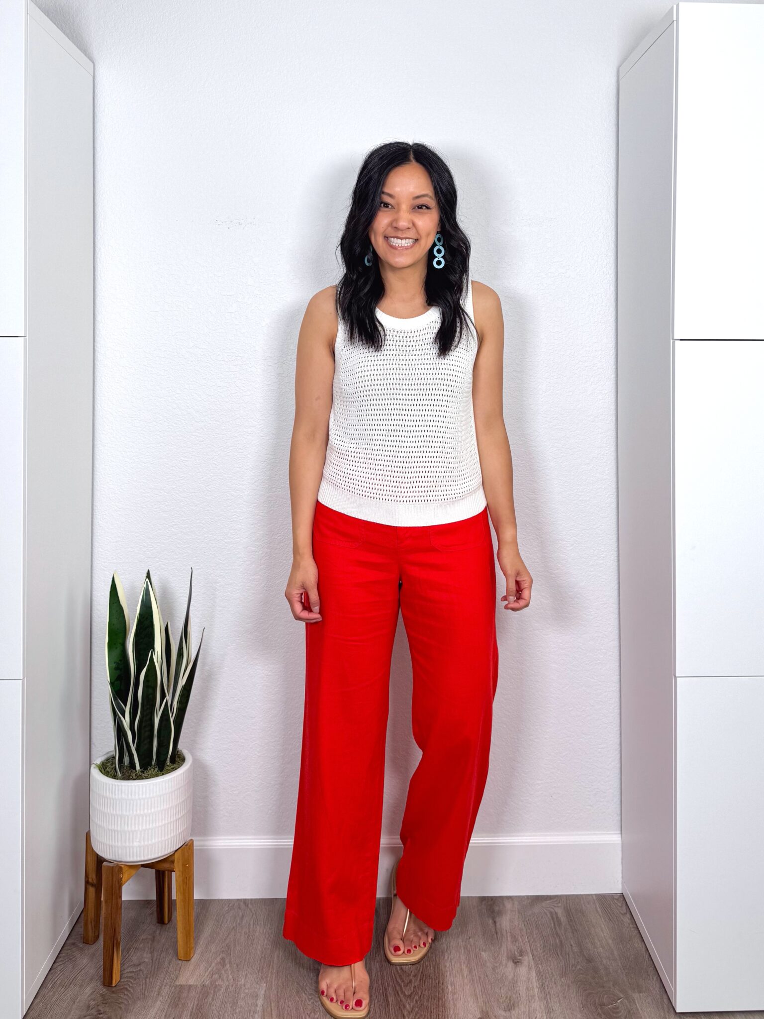 easy casual summer outfits + Three Casual Summer Outfits for 2026 to Copy Right Now From the NEW Summer Wardrobe & Outfit Guide + putting me together +white white crochet tank top + red pants + turquoise necklace + lightweight teal earrings + gold metallic sandals
