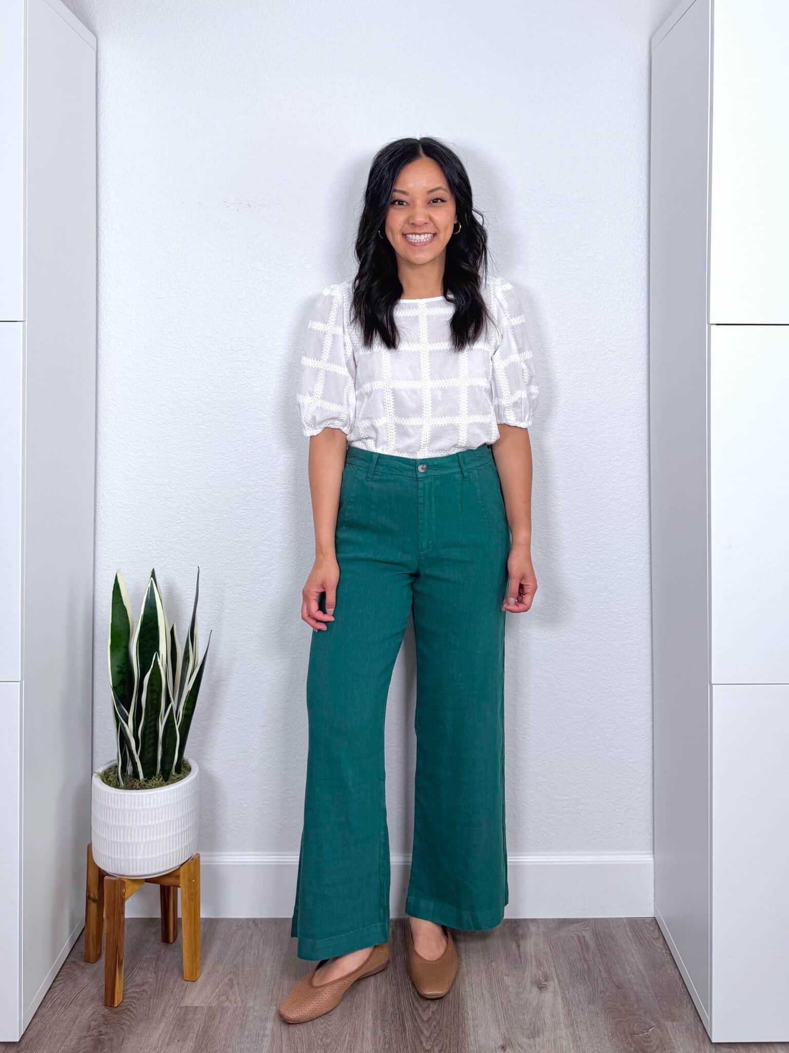 Three Summer Work Outfits to Copy Right Now for 2026 From the New Summer Wardrobe & Outfit Guide + summer work outfits + putting me together + white embroidered top + teal linen pants + teal earrings + tan flats
