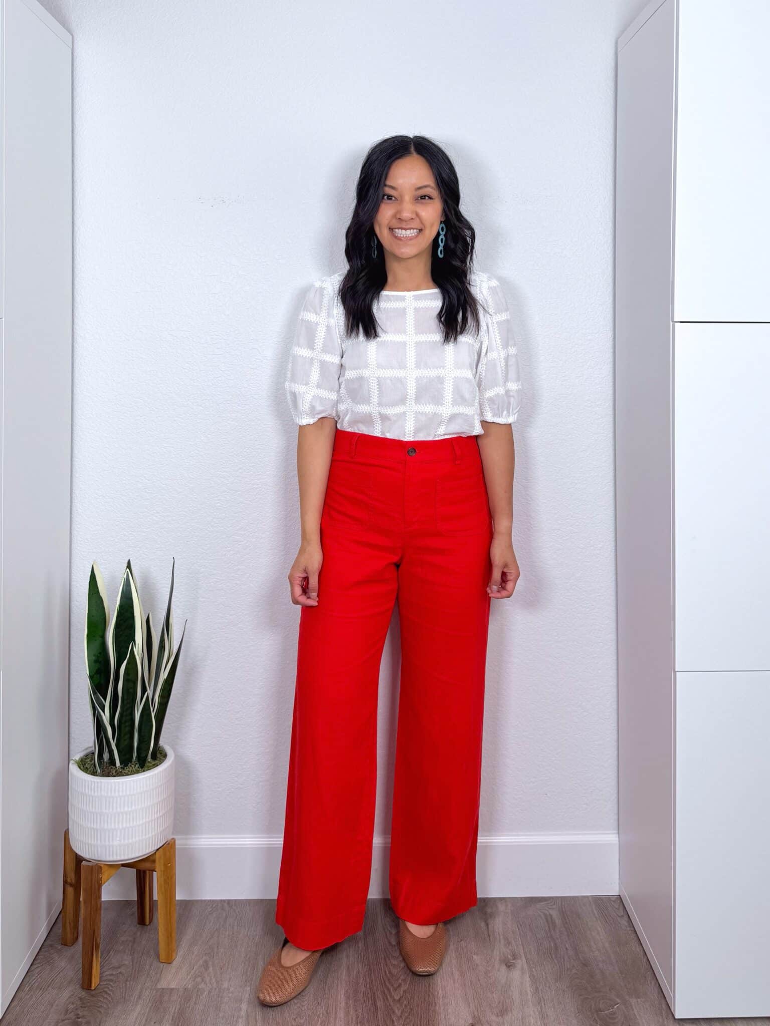 Three Summer Work Outfits to Copy Right Now for 2026 From the New Summer Wardrobe & Outfit Guide + summer work outfits + putting me together + white embroidered top + comfortable tomato red pants + teal earrings + tan flats
