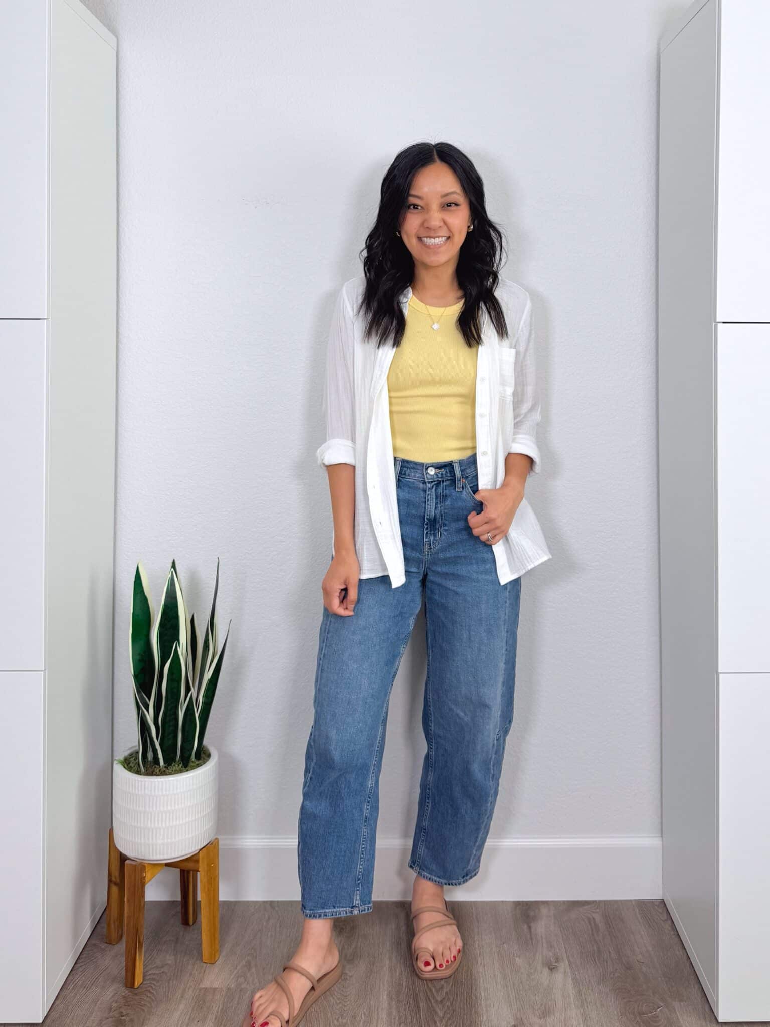 easy casual summer outfits + Three Casual Summer Outfits for 2026 to Copy Right Now From the NEW Summer Wardrobe & Outfit Guide + putting me together + yellow tank top + light weight gauze button up shirt + easy to wear denim barrel leg jeans + comfortable water friendly tan sandals