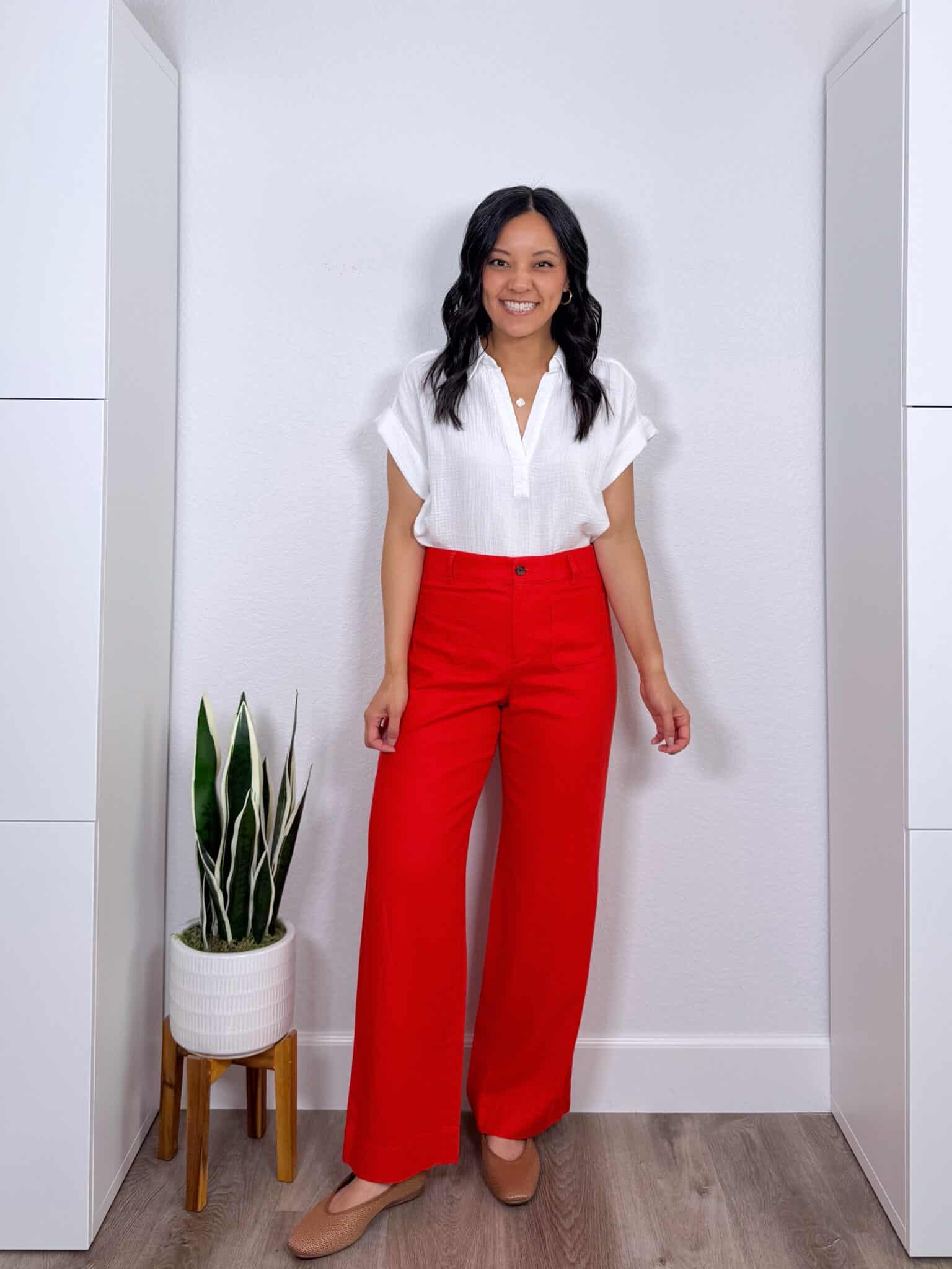 Summer Try-On Haul: Easy Finds from Nordstrom, Amazon, LOFT, and More for Stylish Outfits + summer try-on haul + putting me together + white gauze top + lightweight red linen pants + tan woven flats