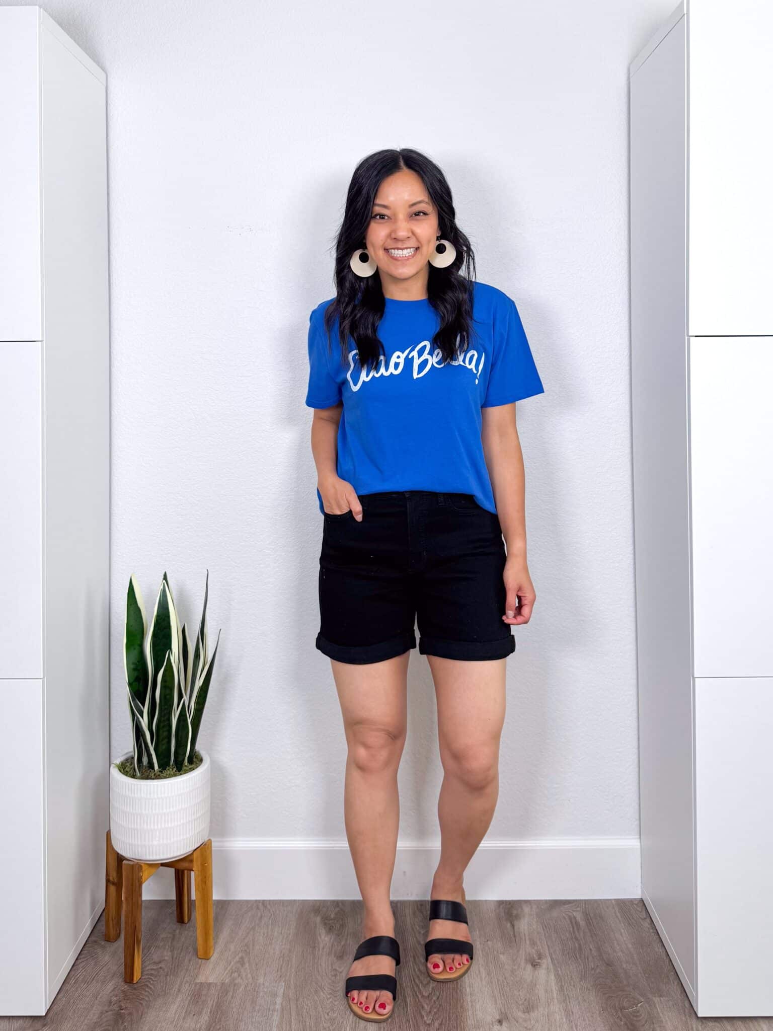 Summer Try-On Haul: Easy Finds from Nordstrom, Amazon, LOFT, and More for Stylish Outfits + summer try-on haul + putting me together + blue graphic tee + black shorts + black sandals