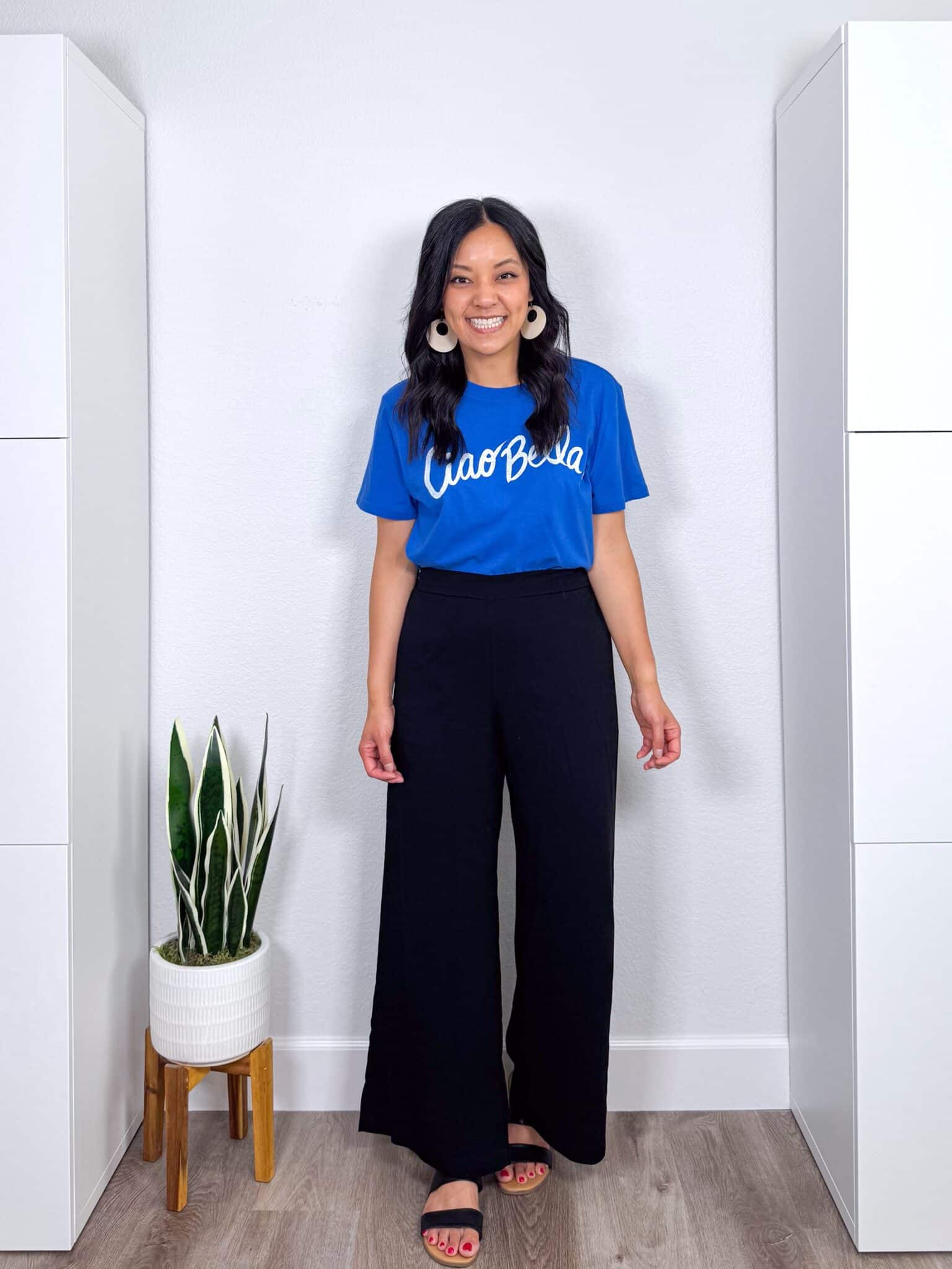 Summer Try-On Haul: Easy Finds from Nordstrom, Amazon, LOFT, and More for Stylish Outfits + summer try-on haul + putting me together + blue graphic tee + black lightweight summer pants + black sandals