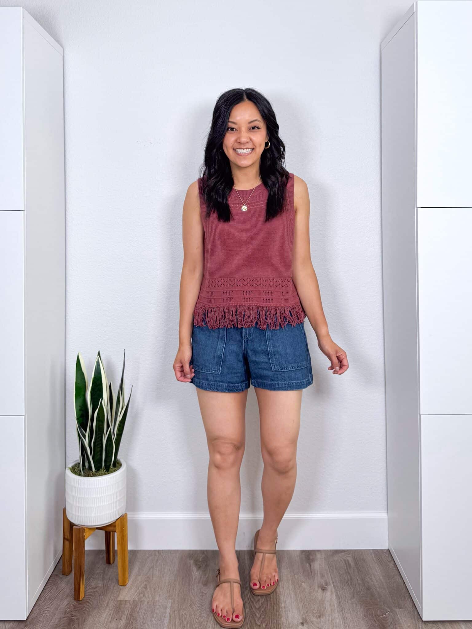 Summer Try-On Haul: Easy Finds from Nordstrom, Amazon, LOFT, and More for Stylish Outfits + summer try-on haul + putting me together + pink fringe open weave pointelle sweater tank + comfortable denim shorts + gold hoop earrings + goes with anything gold pendant necklace + comfortable tan water resistant sandals