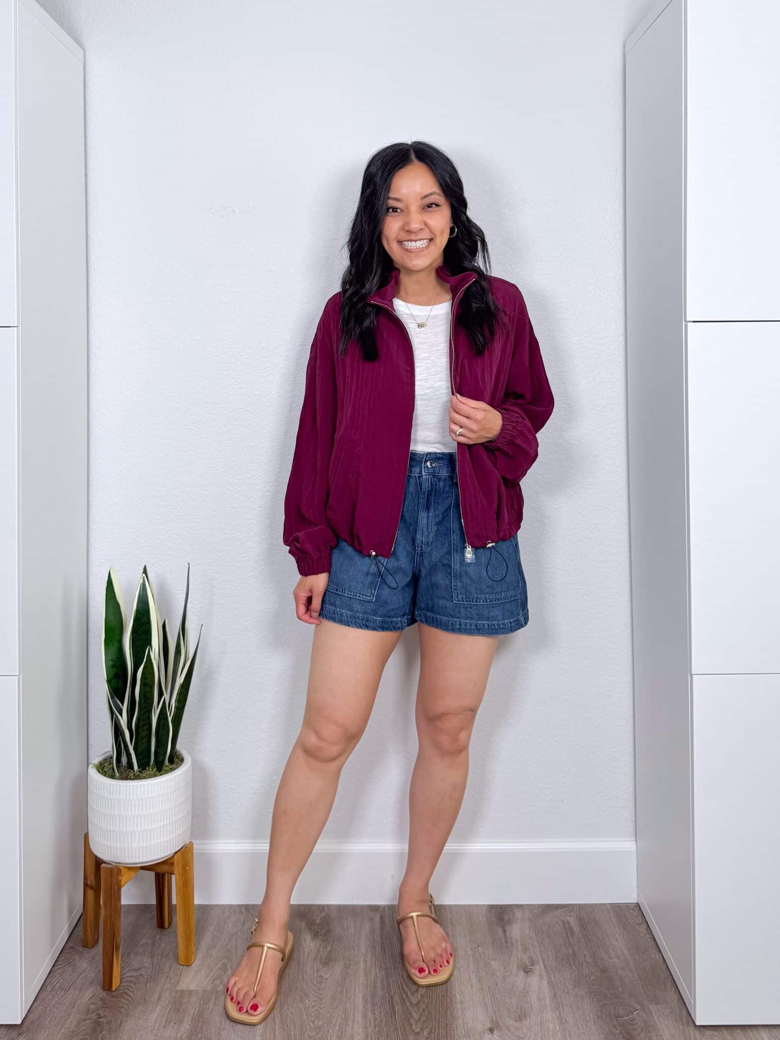 Summer Try-On Haul: Easy Finds from Nordstrom, Amazon, LOFT, and More for Stylish Outfits + summer try-on haul + putting me together + white t shirt + lightweight burgundy bomber jacket + comfortable denim shorts + gold hoop earrings + goes with anything gold necklace + comfortable gold metallic sandals