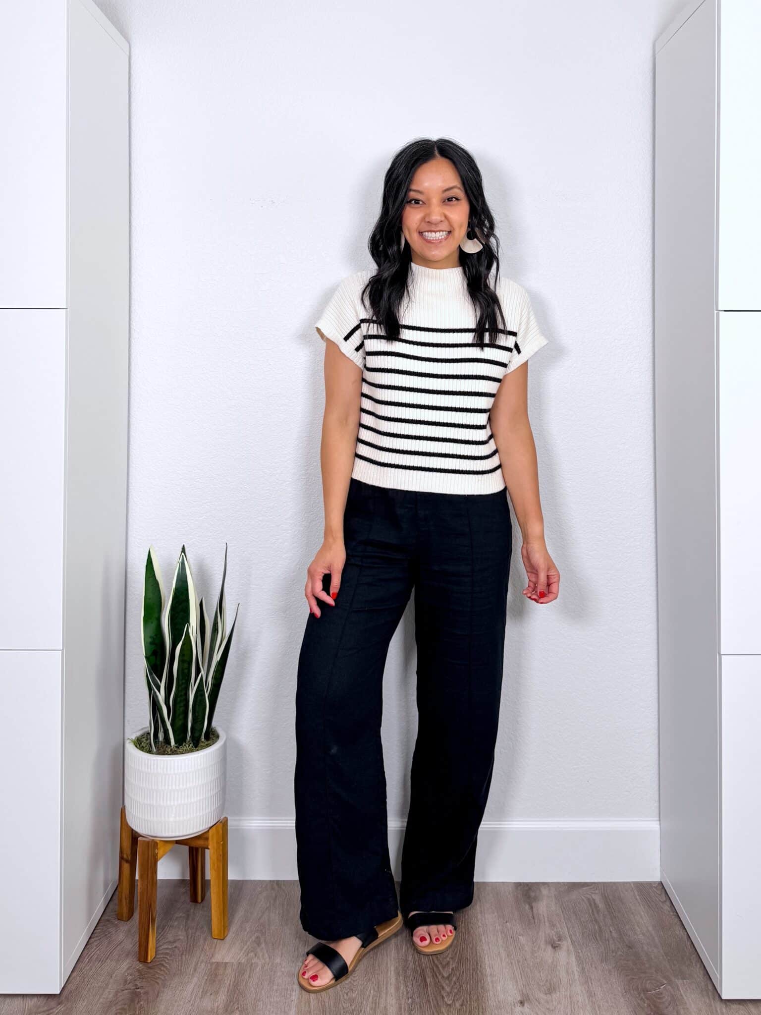 What to Wear With Black Linen Pants: 14 Outfit Ideas for Summer You Can Easily Copy + black linen pants outfit + putting me together + versatile black and white striped short sleeve sweater + black wide leg linen pants + comfortable black sandals + gold jewelry