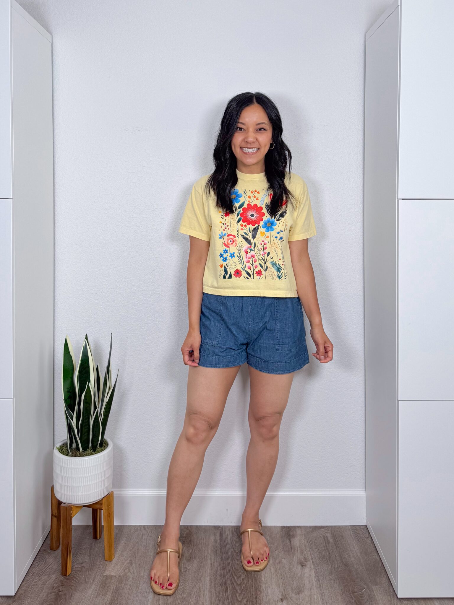 Summer Try-On Haul: Easy Finds from Nordstrom, Amazon, LOFT, and More for Stylish Outfits + summer try-on haul + putting me together + fun yellow flowered graphic tee shirt + comfortable chambray shorts + gold metallic sandals