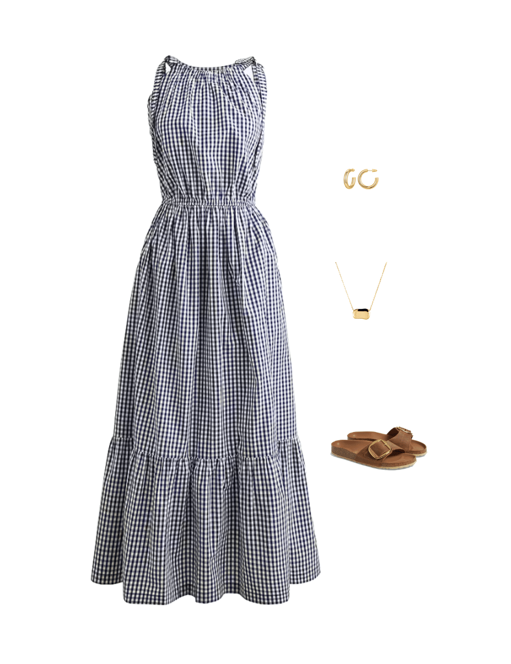 The Best Summer Trends for 2026 That Are Actually Wearable + putting me together + summer trends 2026 + black and white gingham dress + tan birkenstock big buckle sandals + everyday necklace + gold hoop earrings
