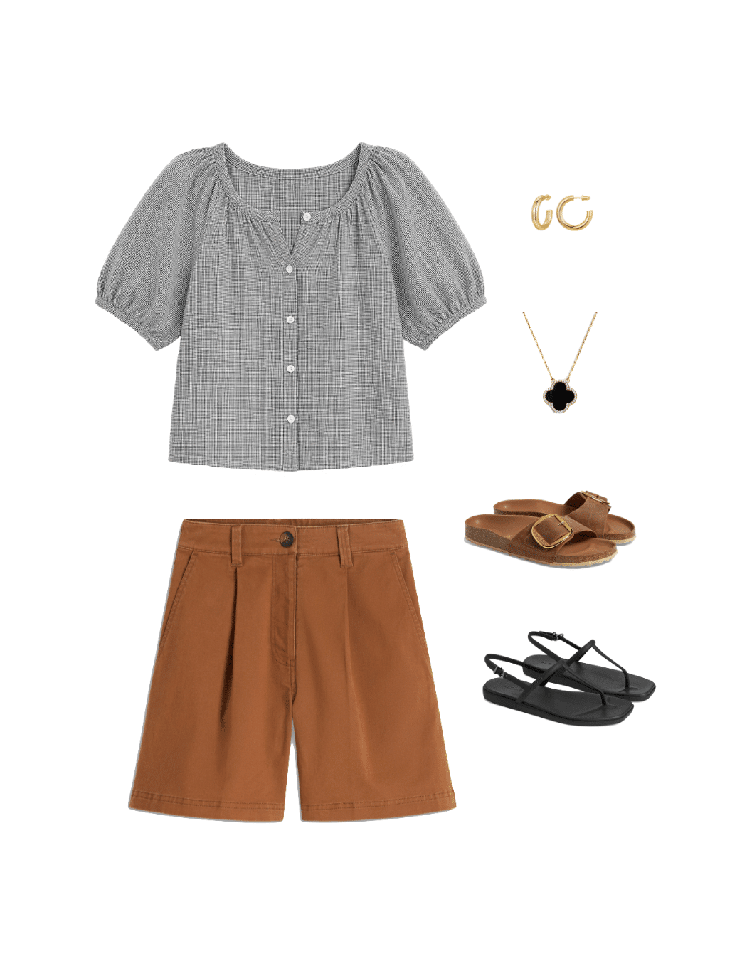 The Best Summer Trends for 2026 That Are Actually Wearable + putting me together + summer trends 2026 + black and white gingham top + tan shorts + tan birkenstock big buckle sandals + black sandals + black necklace + gold hoop earrings