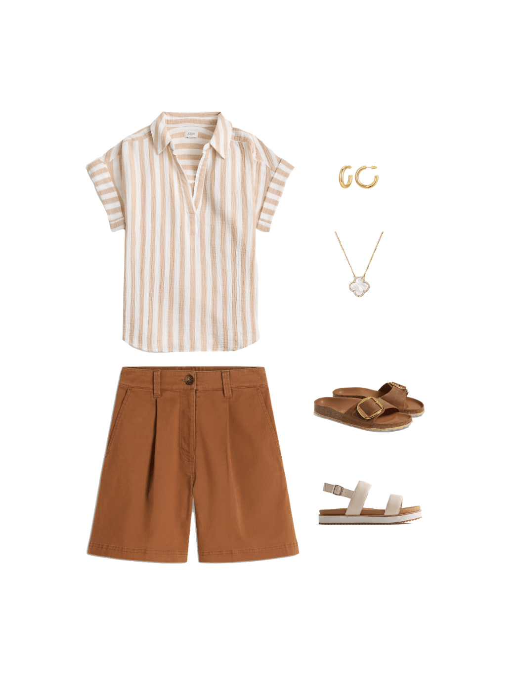 The Best Summer Trends for 2026 That Are Actually Wearable + putting me together + summer trends 2026 + tan and white striped gauze top + tan shorts + tan birkenstock big buckle sandals + white sandals + white necklace + gold hoop earrings