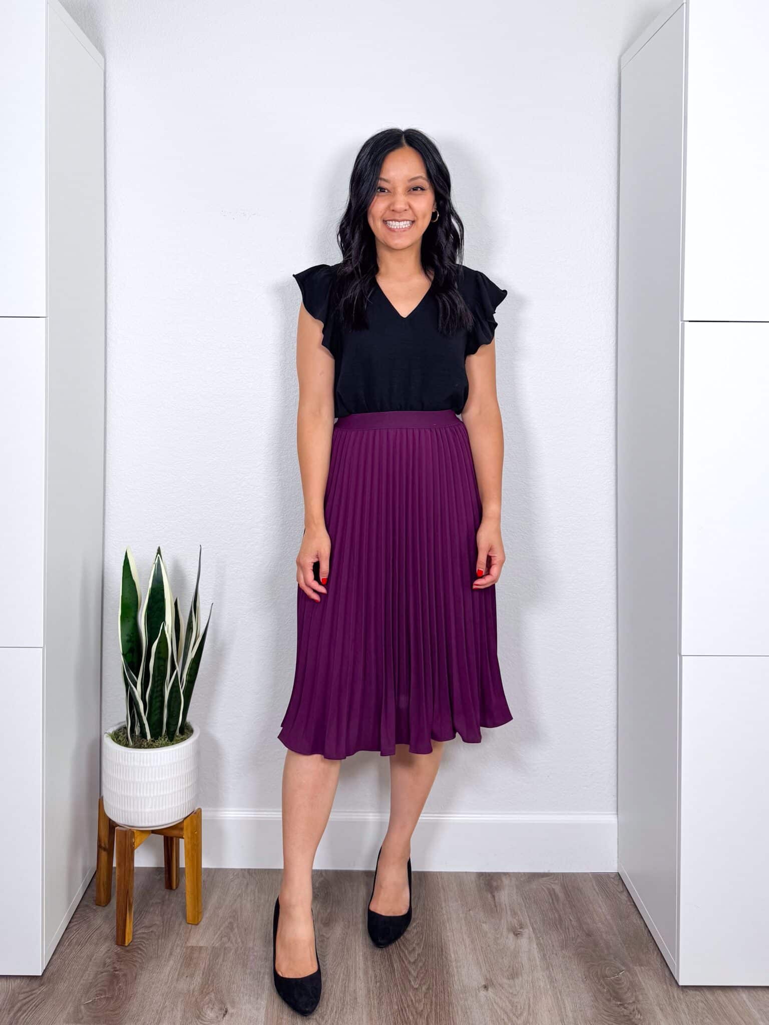 Three Summer Work Outfits to Copy Right Now for 2026 From the New Summer Wardrobe & Outfit Guide + summer work outfits + putting me together + black top + purple pleated midi skirt + black heels 