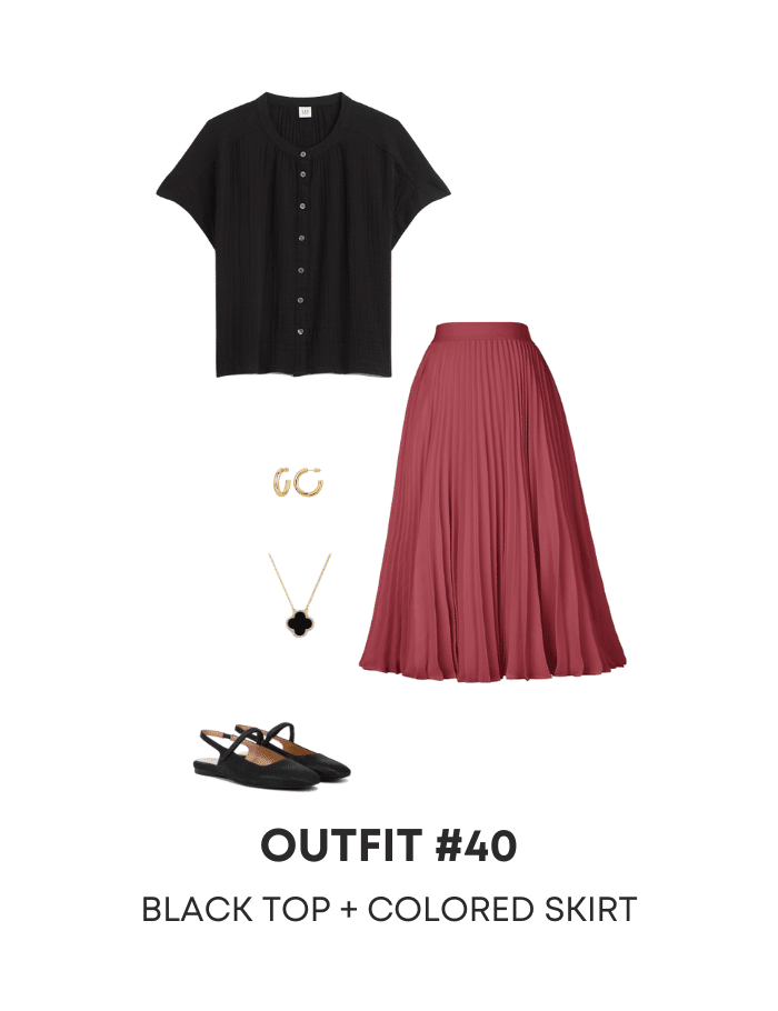 Three Summer Work Outfits to Copy Right Now for 2026 From the New Summer Wardrobe & Outfit Guide + summer work outfits + putting me together + black top + colored pleated midi skirt