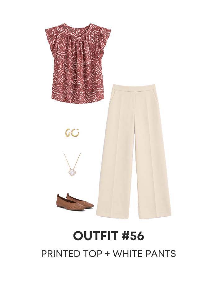 Three Summer Work Outfits to Copy Right Now for 2026 From the New Summer Wardrobe & Outfit Guide + summer work outfits + putting me together + burgundy printed top + comfortable white pants + tan flats + white pendant necklace + gold hoop earrings
