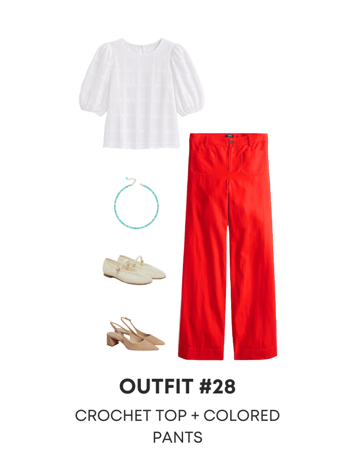 Three Summer Work Outfits to Copy Right Now for 2026 From the New Summer Wardrobe & Outfit Guide + summer work outfits + putting me together + white embroidered top + red pants + teal jewelry + tan flats