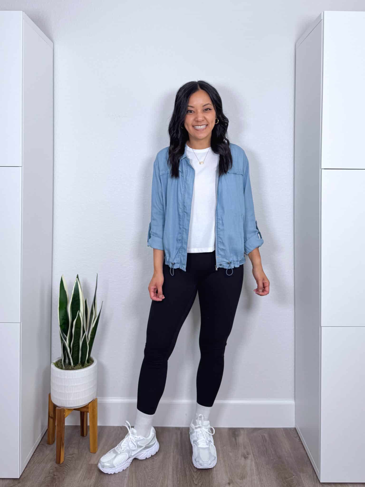 Summer Try-On Haul: Easy Finds from Nordstrom, Amazon, LOFT, and More for Stylish Outfits + summer try-on haul + putting me together + white tee + lightweight denim jacket + comfortable black leggings + white socks + white nike sneakers