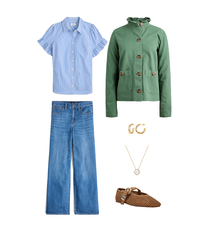Back to School Outfit for Moms Blue Striped Top Wide Leg Jeans Putting Me Together