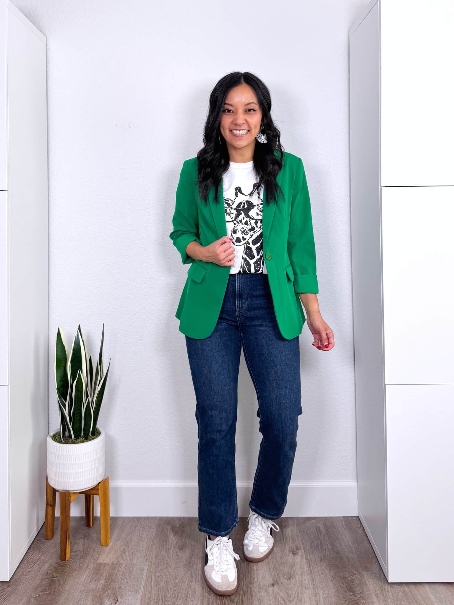 dress up a t-shirt + How to Dress Up a T-Shirt: Easy Styling Tips + putting me together + white and black giraffe graphic tee + green blazer + comfortable straight leg dark wash jeans + white and black sneakers