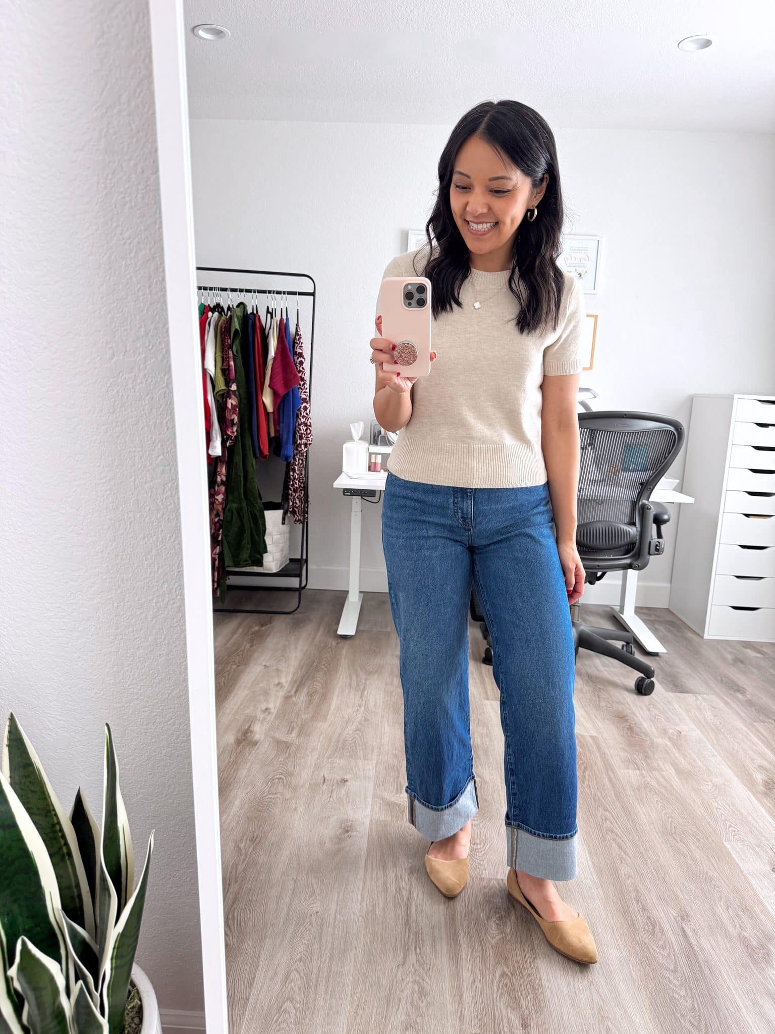 Amazon Fashion Deals That I Love 😍 —  ENDS TOMORROW! + amazon fashion deals + amazon fashion favorites + putting me together + short sleeve polished tan sweater + medium wash wide leg cuffed jeans + gold hoops + gold and white icon necklace + tan flats