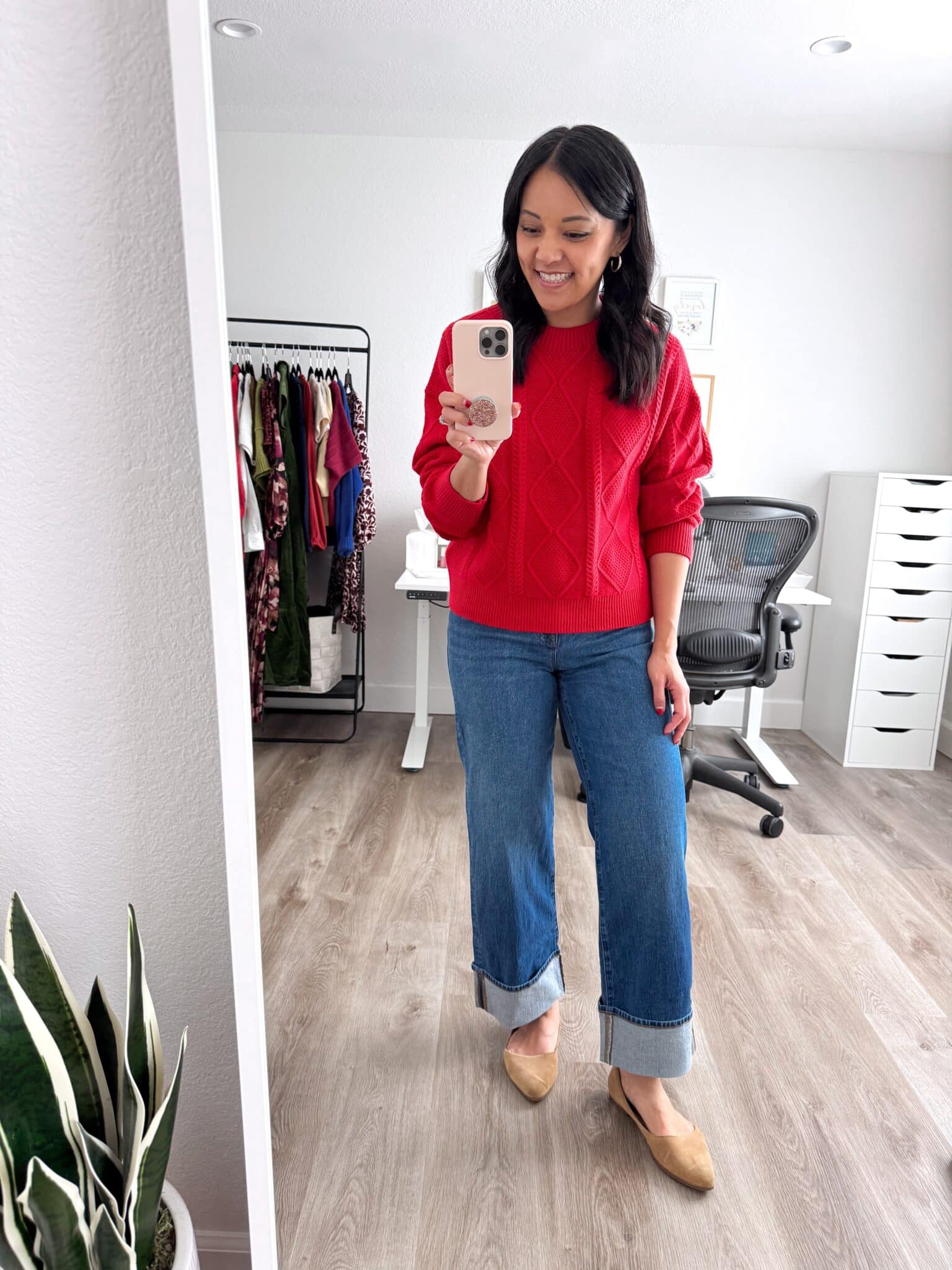 Amazon Fashion Deals That I Love 😍 —  ENDS TOMORROW! + amazon fashion deals + amazon fashion favorites + putting me together + red cable knit sweater + medium wash cuffed jeans + tan flats