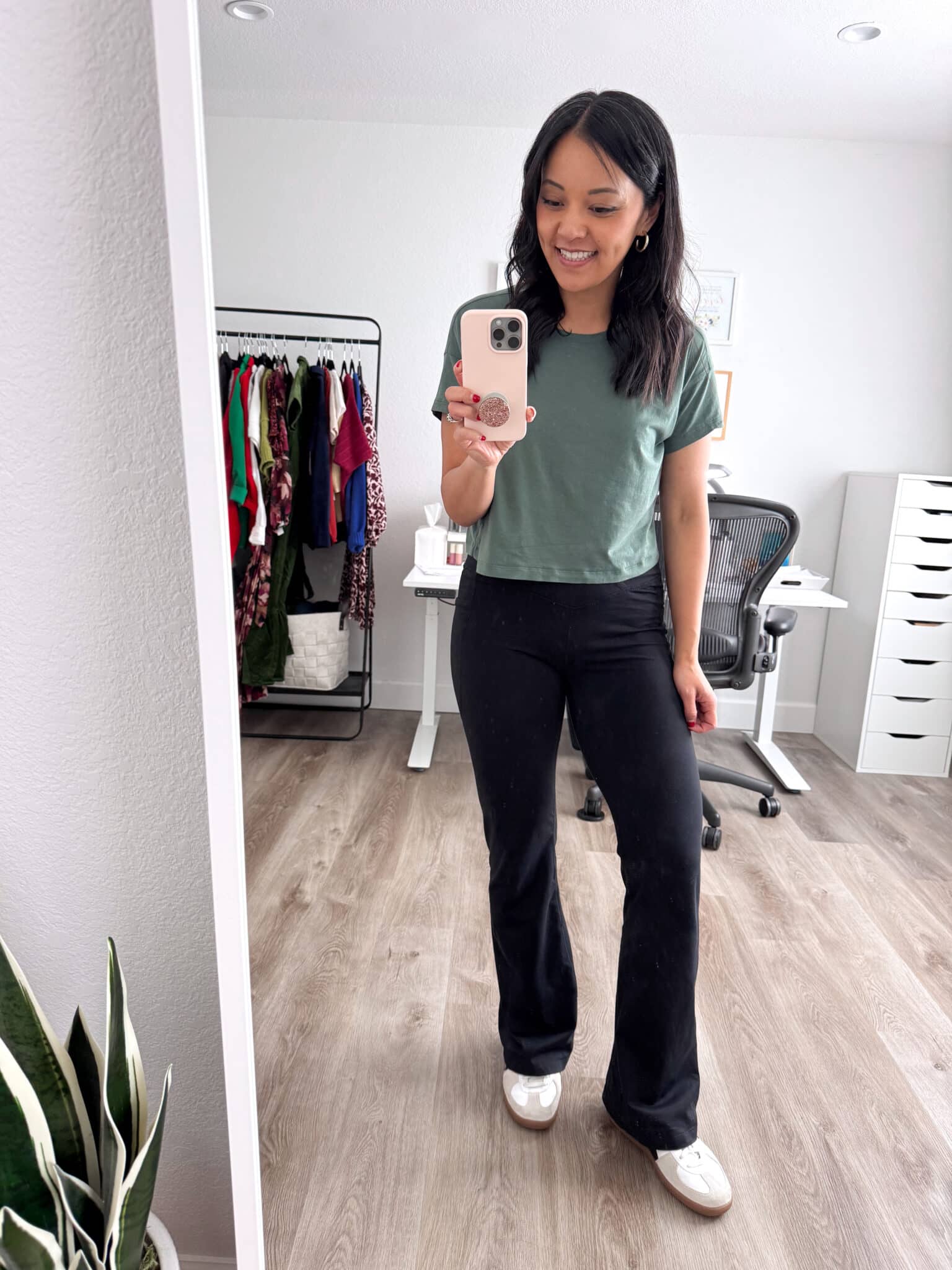 Amazon Fashion Deals That I Love 😍 —  ENDS TOMORROW! + amazon fashion deals + amazon fashion favorites + putting me together + green pima cotton tee + black fleece lined flare leggings + gold hoops + white and black sneakers