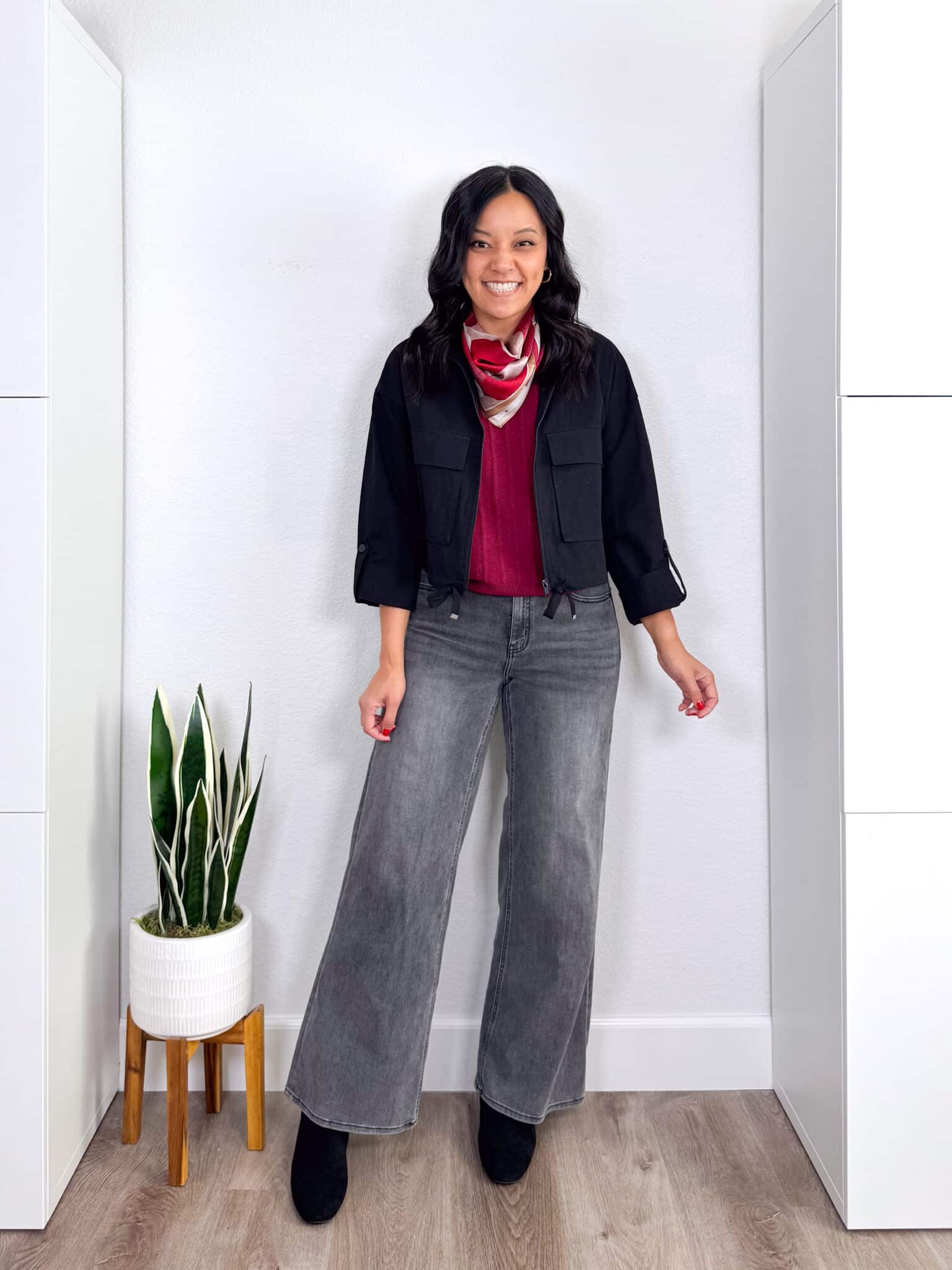 fall fashion trends 2026 + 8 Wearable Fall Fashion Trends to Try This Year + putting me together + berry pink top + black bomber jacket + comfortable washed black wide leg jeans + waterproof black boots + gold earrings
