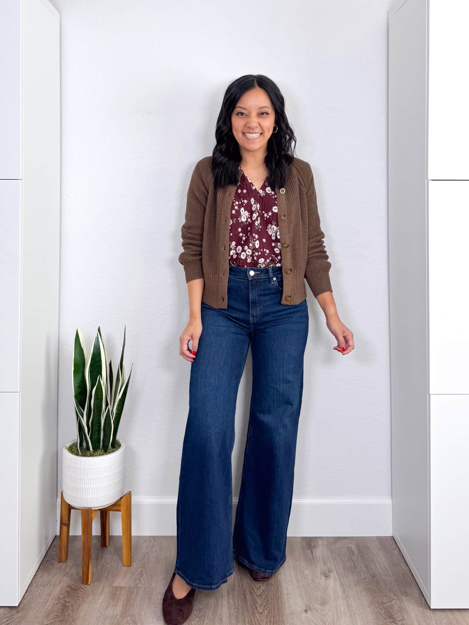 4 Casual Fall Outfits for 2026 to Copy Right Now From the NEW Fall Wardrobe & Outfit Guide! + putting me together + casual fall outfits 2026 + burgundy floral top + dark wash wide leg jeans + brown cardigan sweater + brown flats + gold hoop earrings