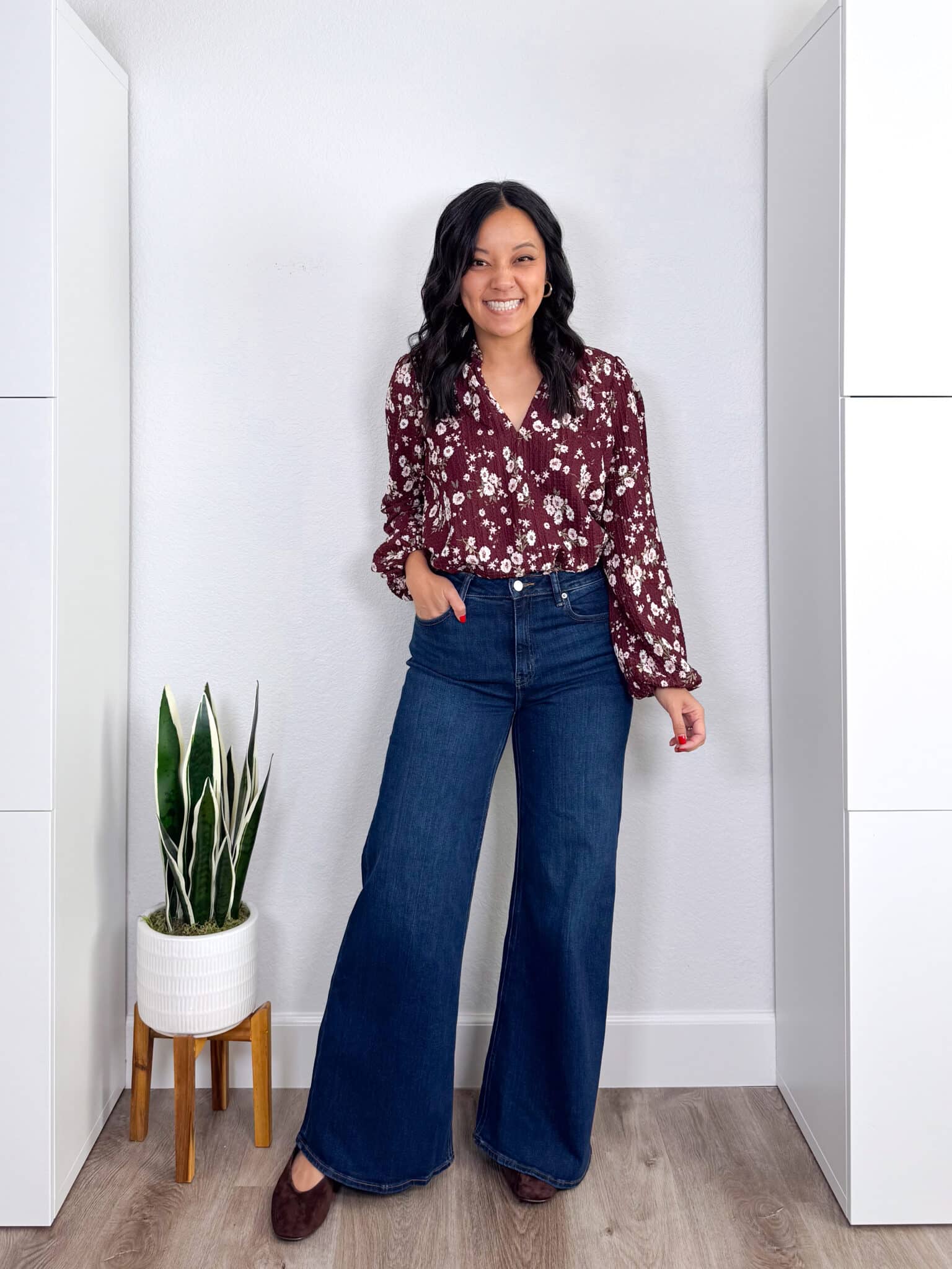 4 Casual Fall Outfits for 2026 to Copy Right Now From the NEW Fall Wardrobe & Outfit Guide! + putting me together + casual fall outfits 2026 + long sleeve burgundy floral top + dark wash wide leg jeans + brown cardigan sweater + brown flats + gold hoop earrings