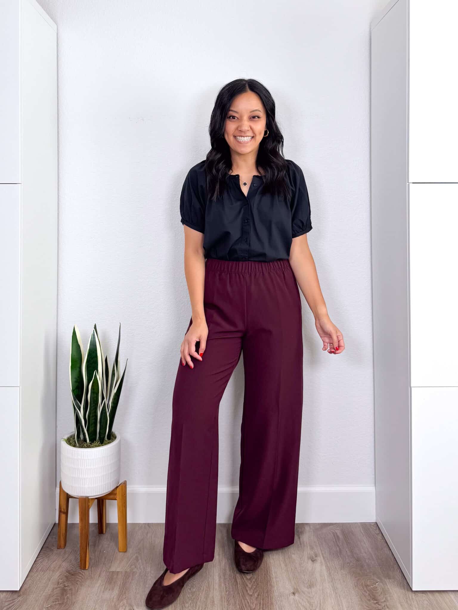 4 Casual Fall Outfits for 2026 to Copy Right Now From the NEW Fall Wardrobe & Outfit Guide! + putting me together + casual fall outfits 2026 + black short sleeve button up top+ comfortable burgundy pants + dark brown suede flats + black icon necklace + gold hoop earrings