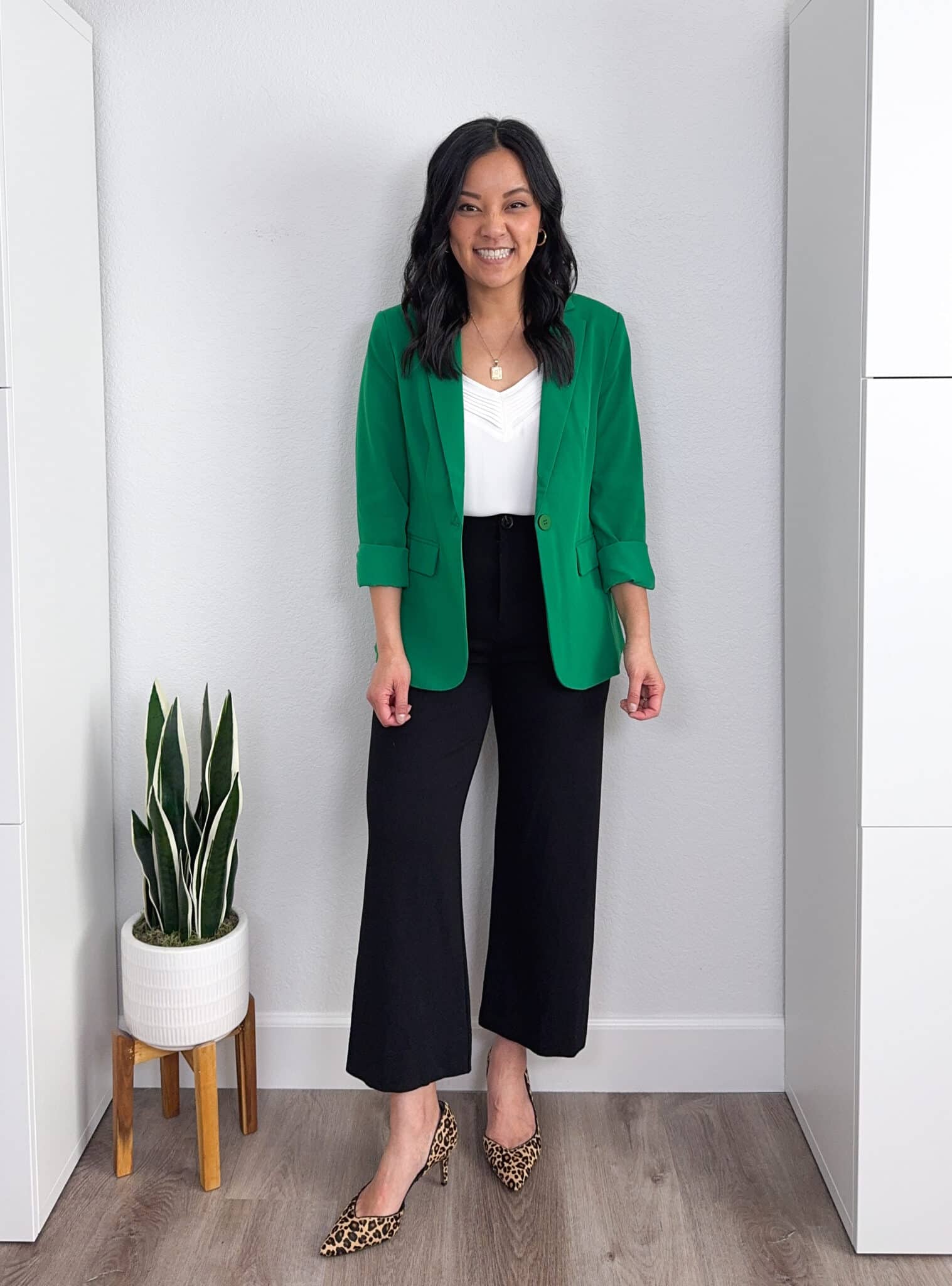 Amazon Fashion Deals That I Love 😍 —  ENDS TOMORROW! + amazon fashion deals + amazon fashion favorites + putting me together + versatile green blazer + comfortable black wide leg pants + gold hoops + white blouse + leopard print heels