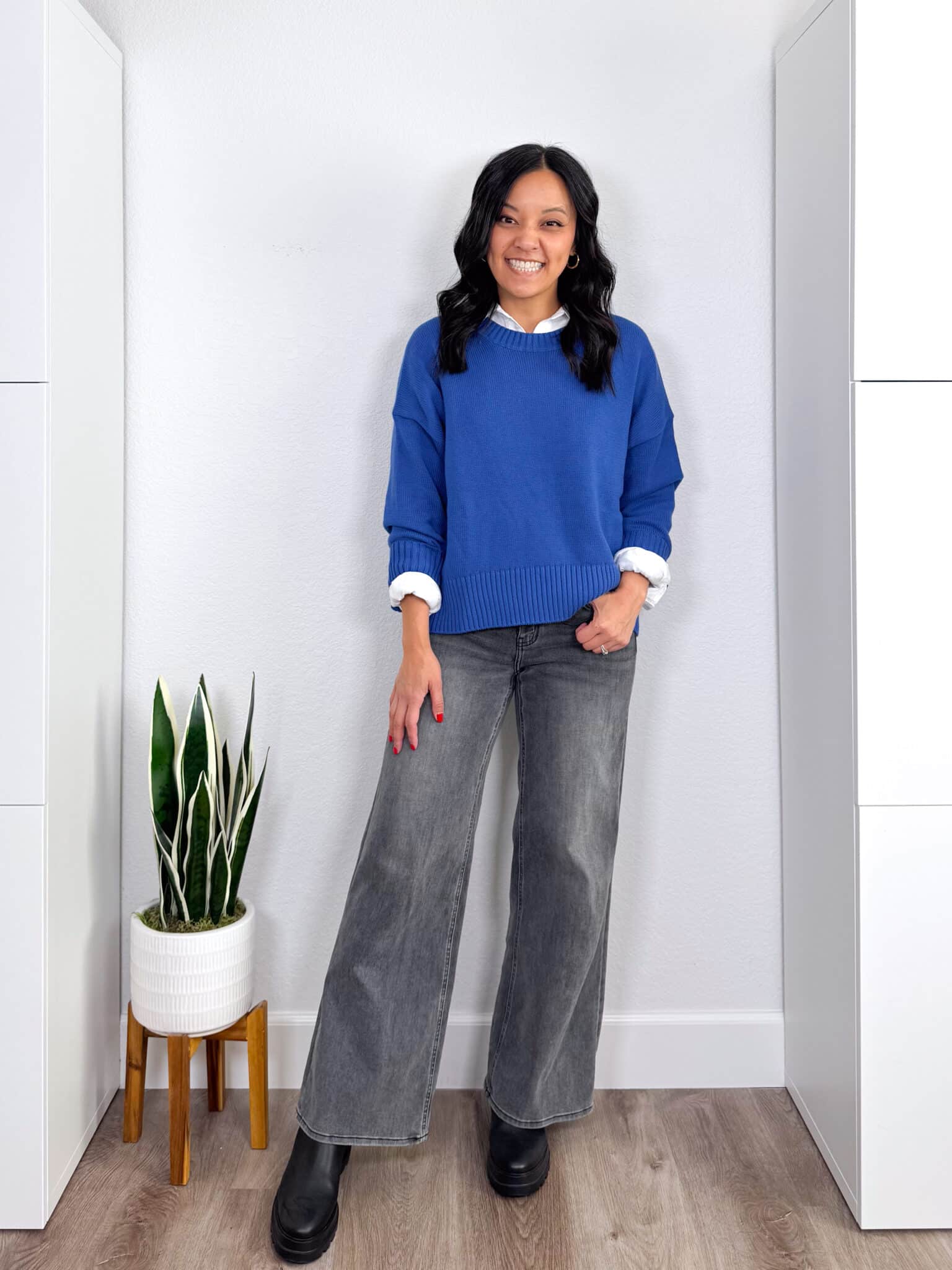 4 Casual Fall Outfits for 2026 to Copy Right Now From the NEW Fall Wardrobe & Outfit Guide! + putting me together + casual fall outfits 2026 + blue sweater + white button up shirt + washed black jeans + black water resistant lug sole boots + gold earrings + black icon necklace