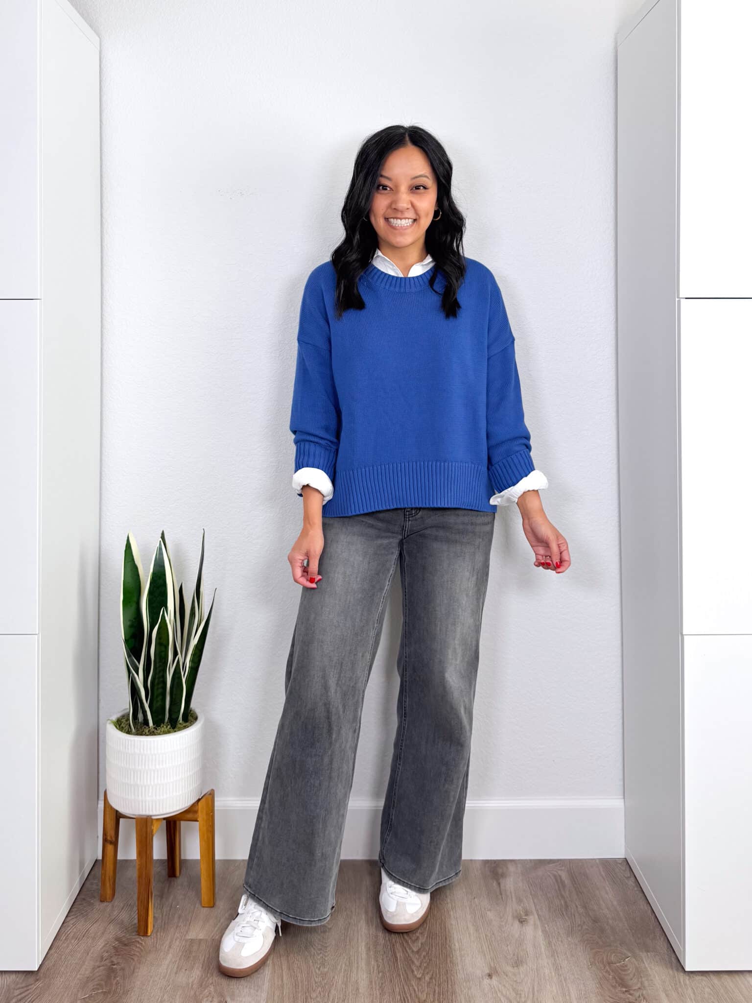 4 Casual Fall Outfits for 2026 to Copy Right Now From the NEW Fall Wardrobe & Outfit Guide! + putting me together + casual fall outfits 2026 + cobalt blue sweater + white button up shirt + washed black jeans + gold earrings + black icon necklace + white and black lifestyle sneakers
