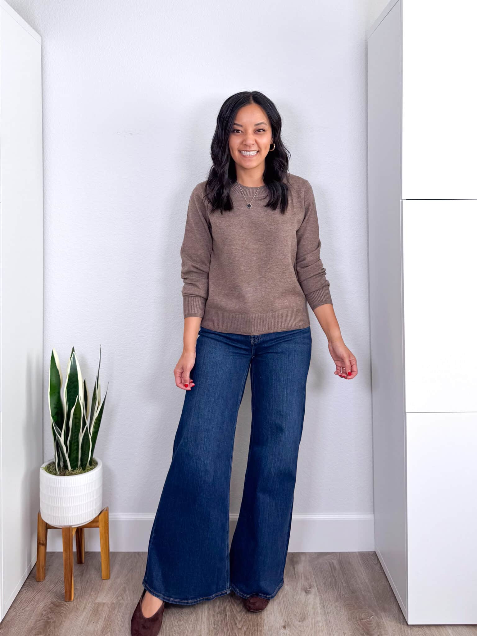 Amazon Fashion Deals That I Love 😍 —  ENDS TOMORROW! + amazon fashion deals + amazon fashion favorites + putting me together + brown fitted long sleeve sweater + dark wash wide leg palazzo jeans + dark chocolate brown suede flats + gold and black icon necklace