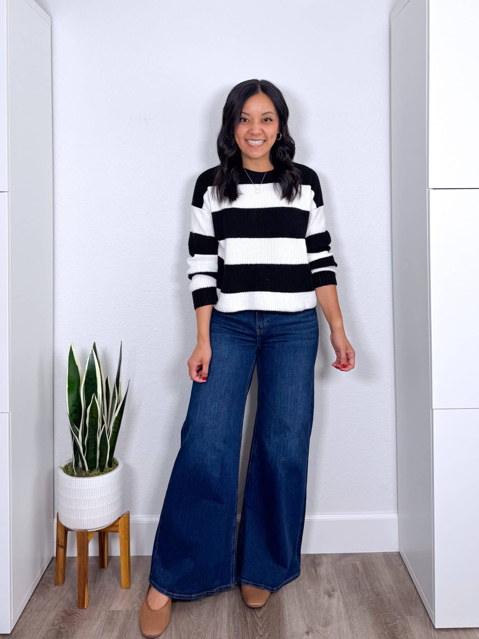 REVIEWS: Easy to Style Fall Try Ons for Casual Wear, Work, and Family Photos + fall try ons and reviews + putting me together +black and white striped sweater + dark wash wide leg palazzo jeans +tan woven flats