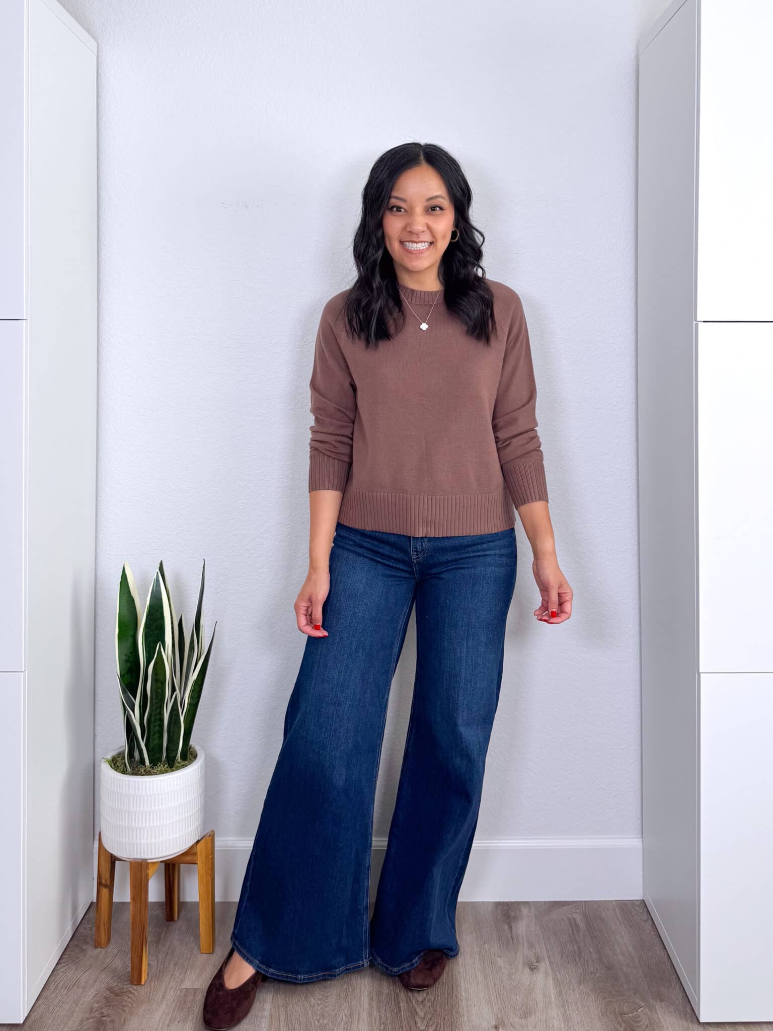 REVIEWS: Easy to Style Fall Try Ons for Casual Wear, Work, and Family Photos + fall try ons and reviews + putting me together + fitted brown sweater + dark wash wide leg palazzo jeans + dark brown suede v-top flats