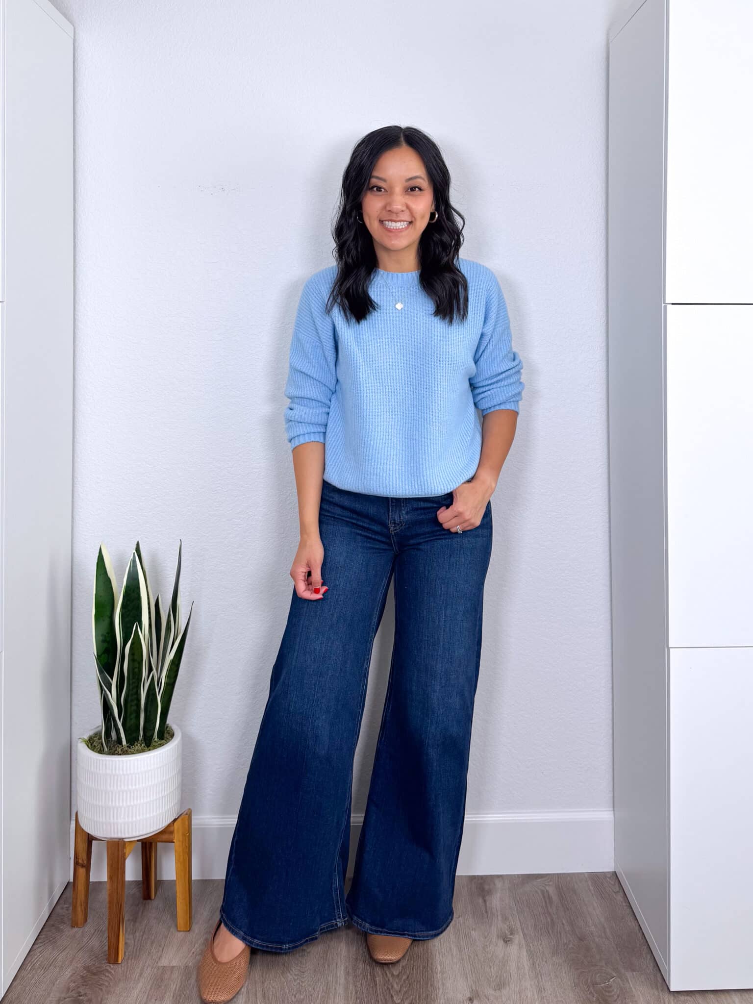 REVIEWS: Easy to Style Fall Try Ons for Casual Wear, Work, and Family Photos + fall try ons and reviews + putting me together + affordable light blue crewneck sweater + dark wash wide leg palazzo jeans +tan woven flats + gold and white icon necklace