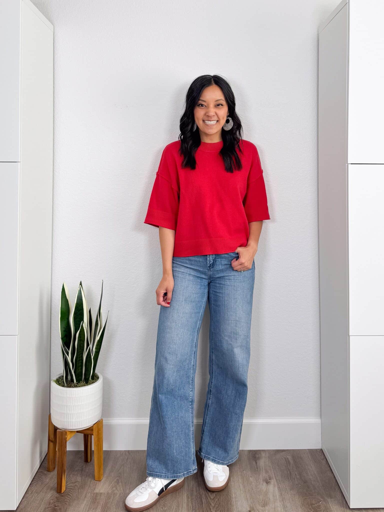 Amazon Fashion Deals That I Love 😍 —  ENDS TOMORROW! + amazon fashion deals + amazon fashion favorites + putting me together + comfortable short sleeve red sweater + light wash wide leg jeans + comfortable white and black sneakers