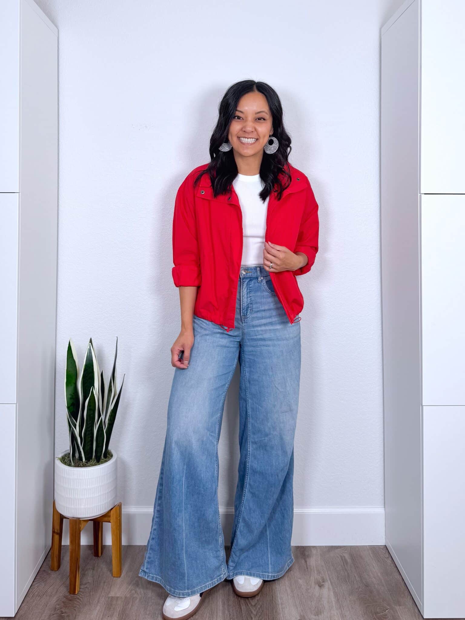 dress up a t-shirt + How to Dress Up a T-Shirt: Easy Styling Tips + putting me together + white fitted tee + red athleisure bomber jacket + wide leg palazzo light wash jeans + black and white sneakers