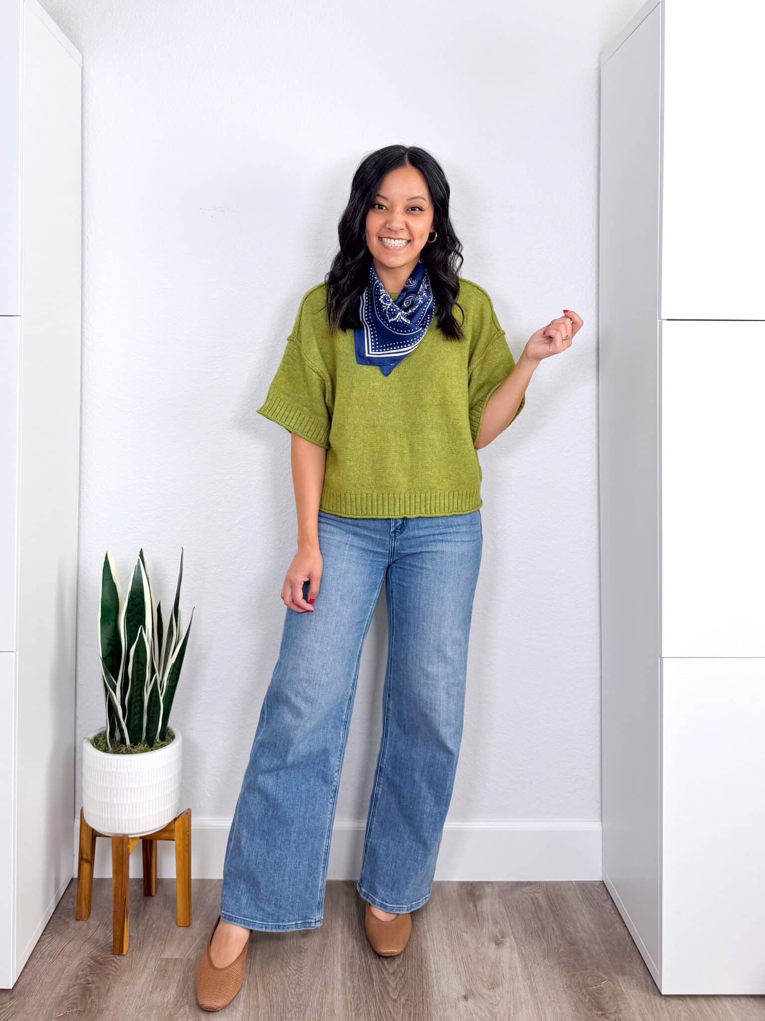 4 Casual Fall Outfits for 2026 to Copy Right Now From the NEW Fall Wardrobe & Outfit Guide! + putting me together + casual fall outfits 2026 + white tee + relaxed bright light green short sleeve sweater + medium wash barrel leg jeans + tan flats + gold hoop earrings