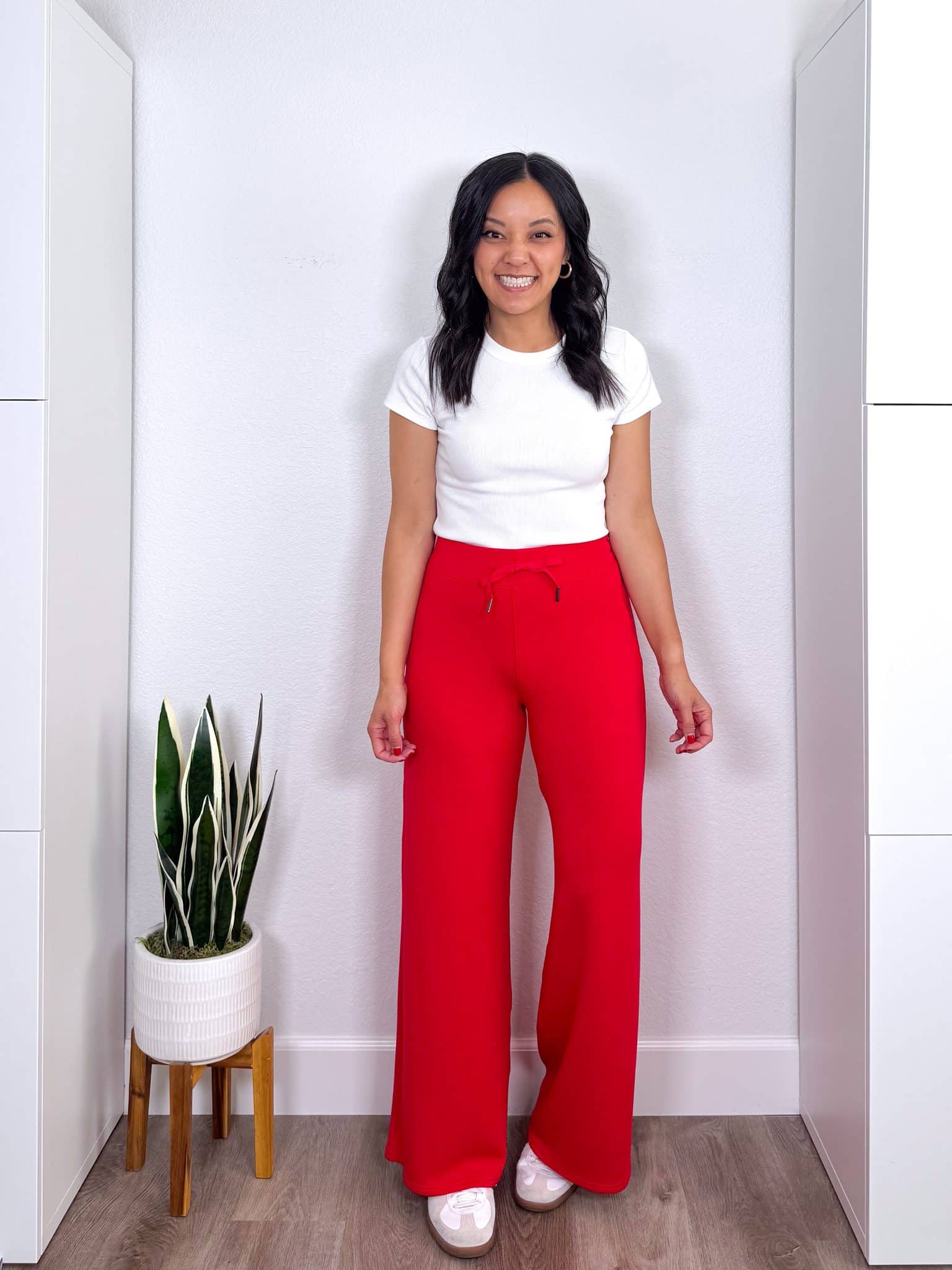 REVIEWS: Easy to Style Fall Try Ons for Casual Wear, Work, and Family Photos + fall try ons and reviews + putting me together + fitted white tee + lightweight comfortable red athleisure pants + white and black sneakers