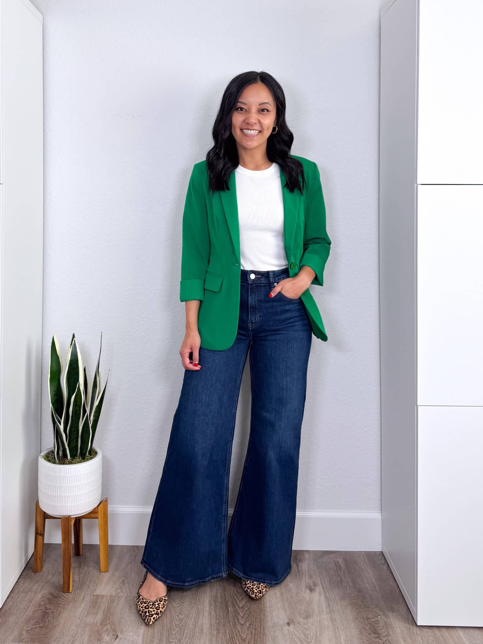 dress up a t-shirt + How to Dress Up a T-Shirt: Easy Styling Tips + putting me together + white fitted tee + green blazer + dark wash wide leg palazzo jeans + leopard print shoes