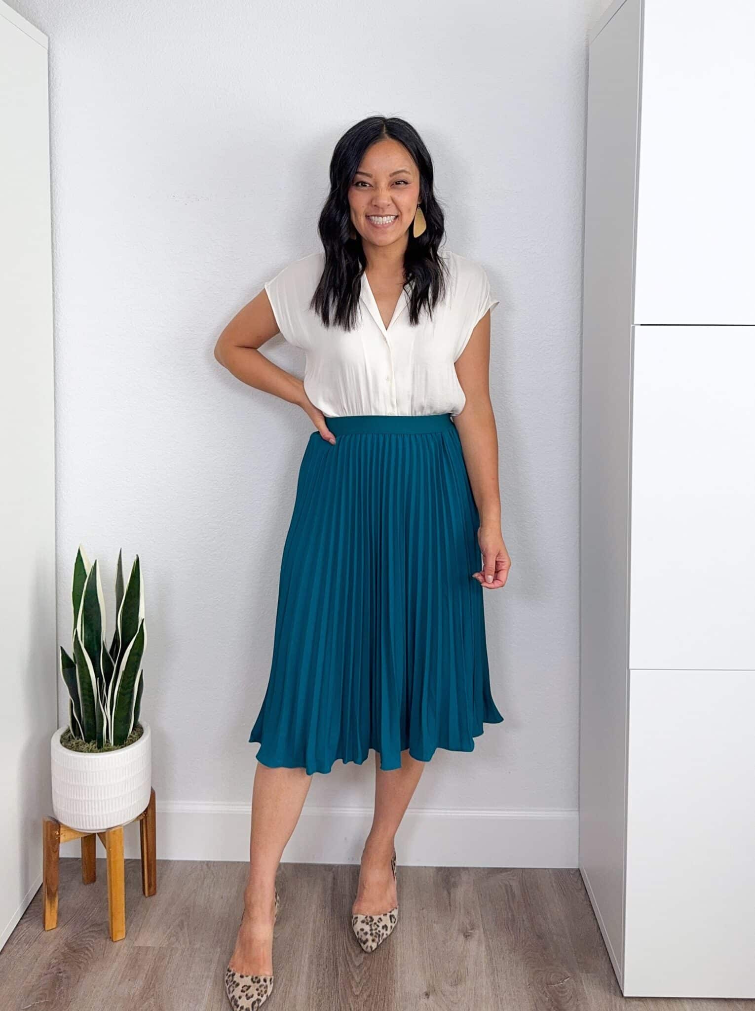 Amazon Fashion Deals That I Love 😍 —  ENDS TOMORROW! + amazon fashion deals + amazon fashion favorites + putting me together + white blouse + easy to wear teal pleated skirt + leopard print shoes