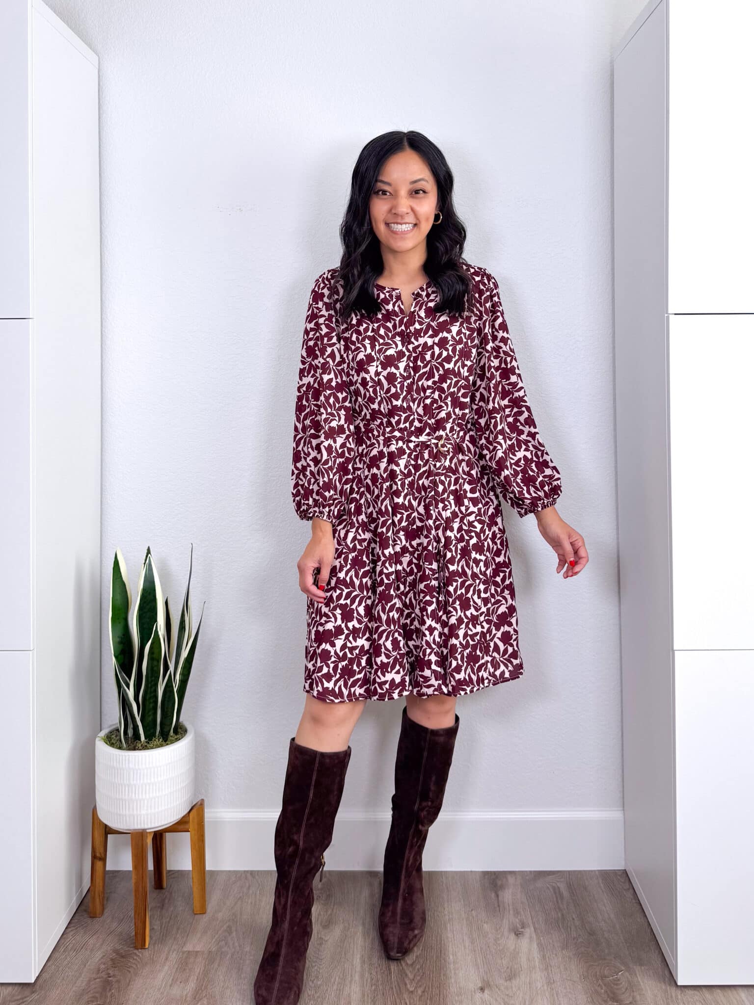 REVIEWS: Easy to Style Fall Try Ons for Casual Wear, Work, and Family Photos + fall try ons and reviews + putting me together + white and burgundy floral dress + tall brown suede heeled boots
