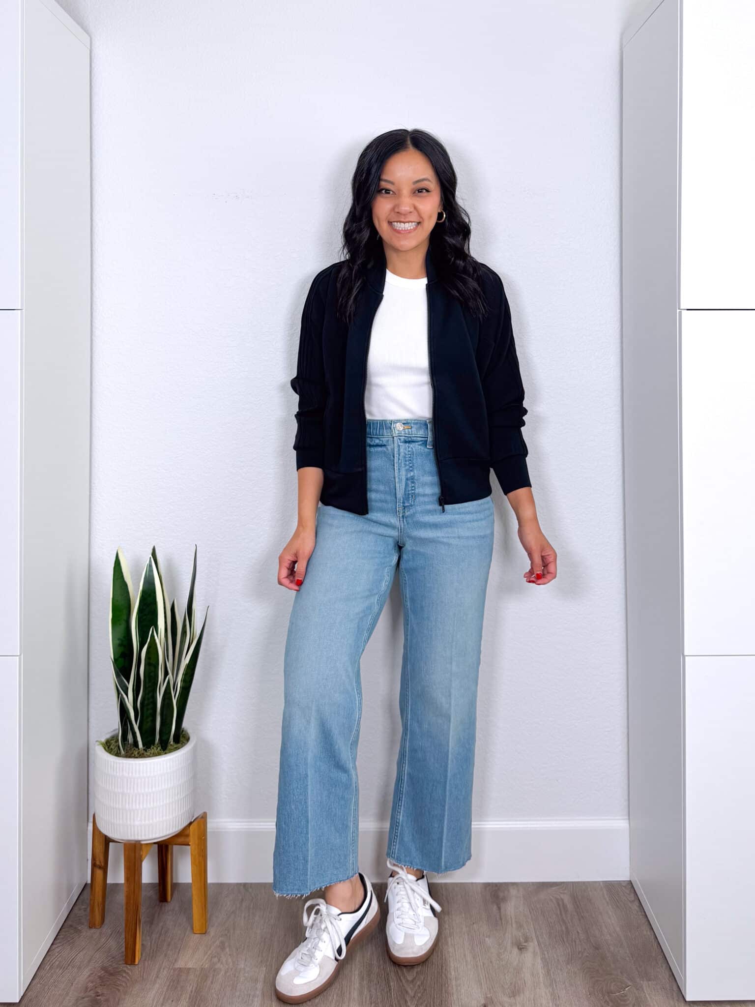 REVIEWS: Easy to Style Fall Try Ons for Casual Wear, Work, and Family Photos + fall try ons and reviews + putting me together + comfy black track jacket + snug white t shirt + cropped kick flare jeans + white and black sneakers