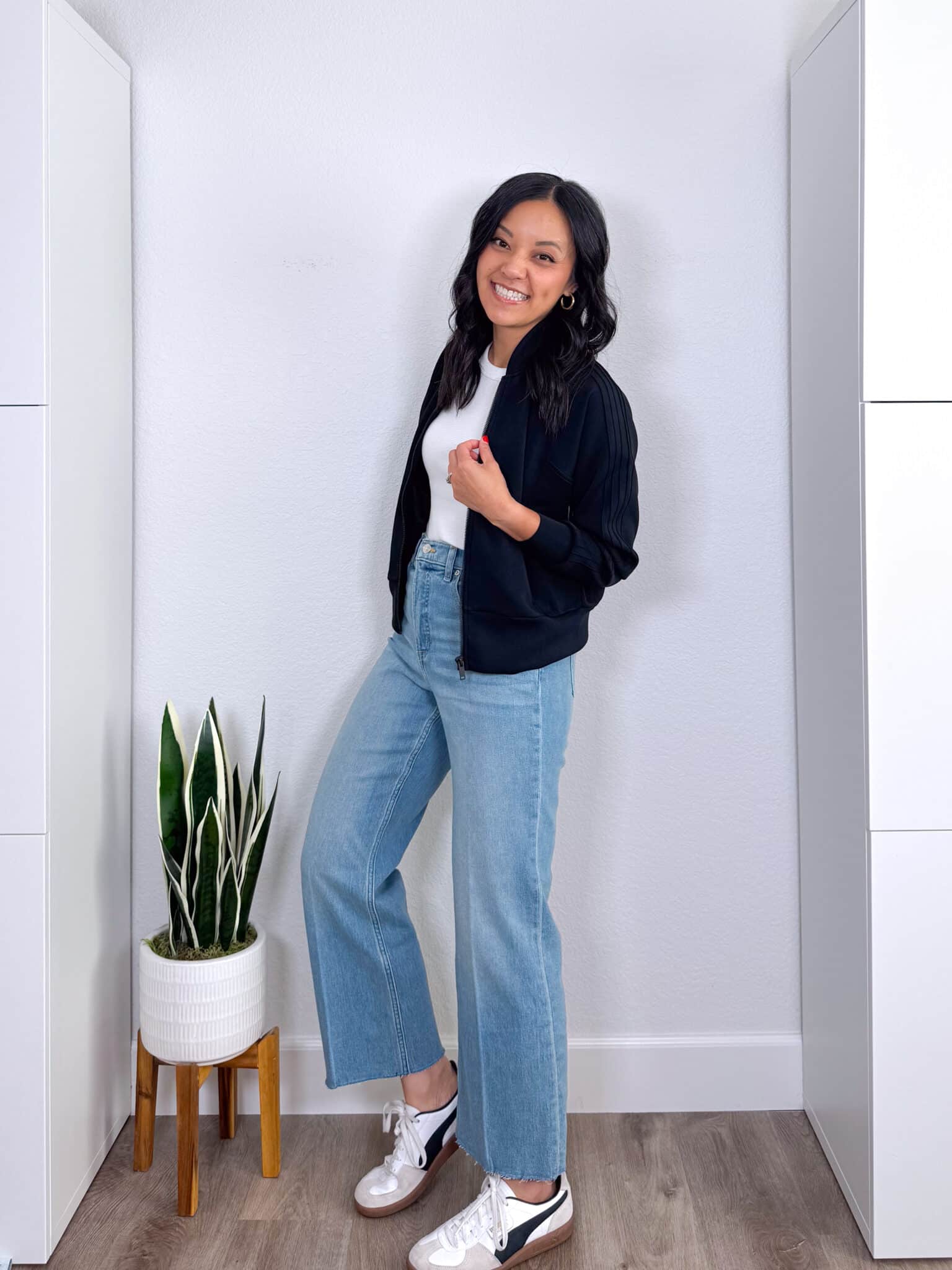 REVIEWS: Easy to Style Fall Try Ons for Casual Wear, Work, and Family Photos + fall try ons and reviews + putting me together + comfy black track jacket + fitted white tee + cropped kick flare jeans + white and black sneakers