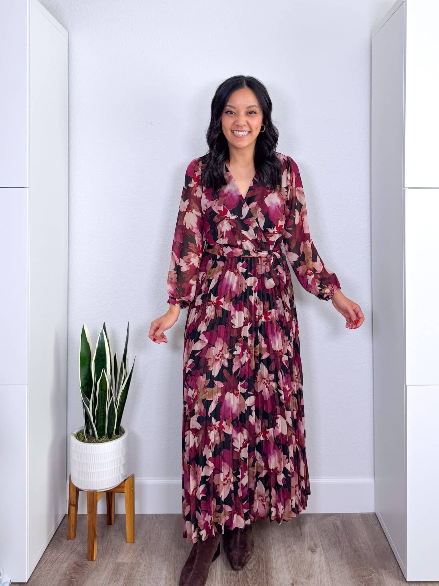 REVIEWS: Easy to Style Fall Try Ons for Casual Wear, Work, and Family Photos + fall try ons and reviews + putting me together + pretty black and burgundy floral dress + tall dark brown suede boots