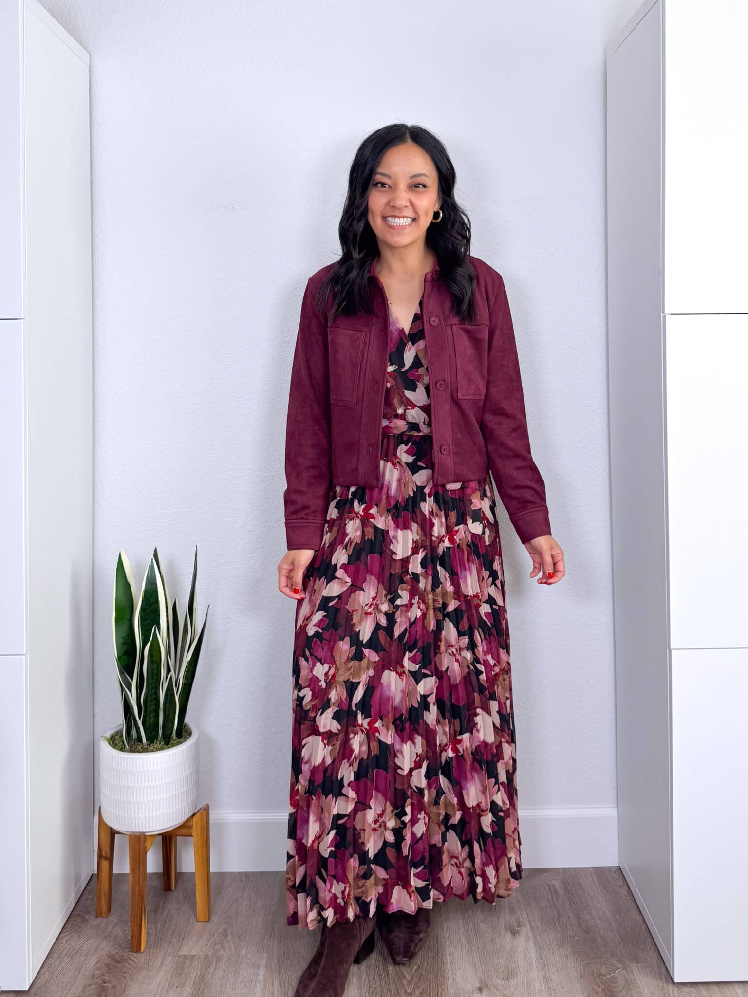 REVIEWS: Easy to Style Fall Try Ons for Casual Wear, Work, and Family Photos + fall try ons and reviews + putting me together + pretty black and burgundy floral dress + soft comfortable burgundy suede jacket + dark brown suede boots