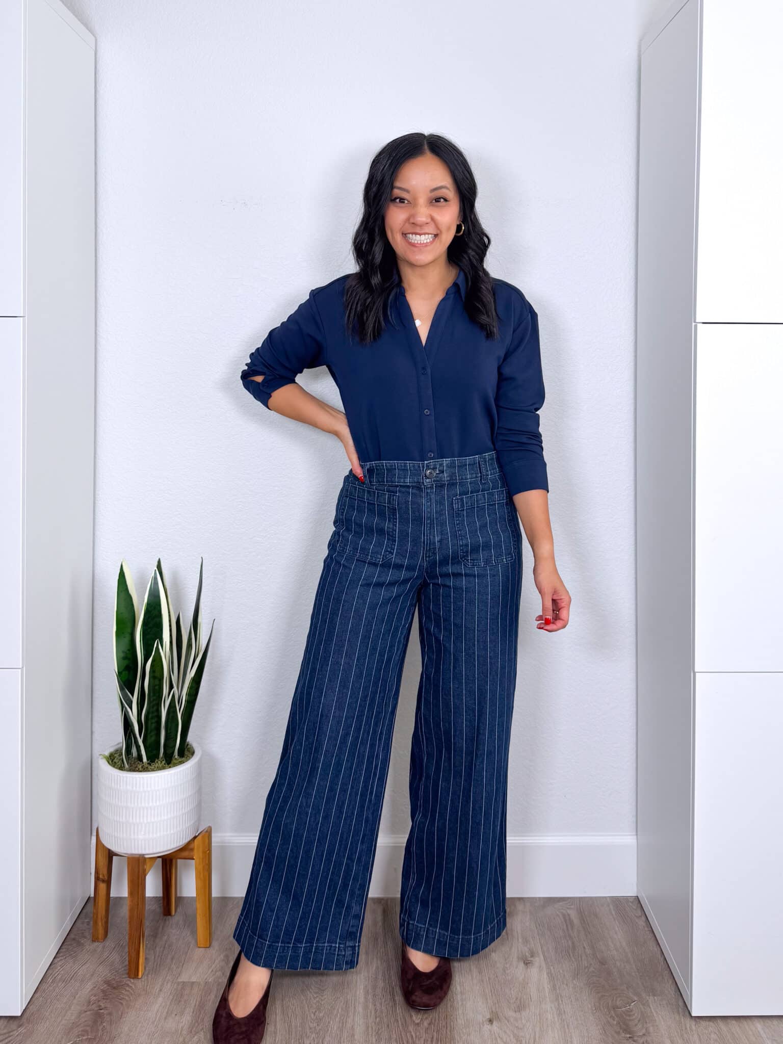 REVIEWS: Easy to Style Fall Try Ons for Casual Wear, Work, and Family Photos + fall try ons and reviews + putting me together + comfy navy blue button up shirt + striped denim jeans + flats